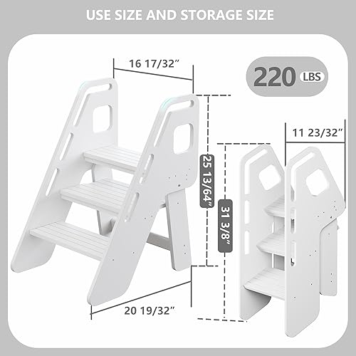 Miniatura 3 de AMBIRD Taburete plegable de madera de bambú para niños pequeños, con almohadillas antideslizantes y asas, taburete ajustable de 3 escalones para