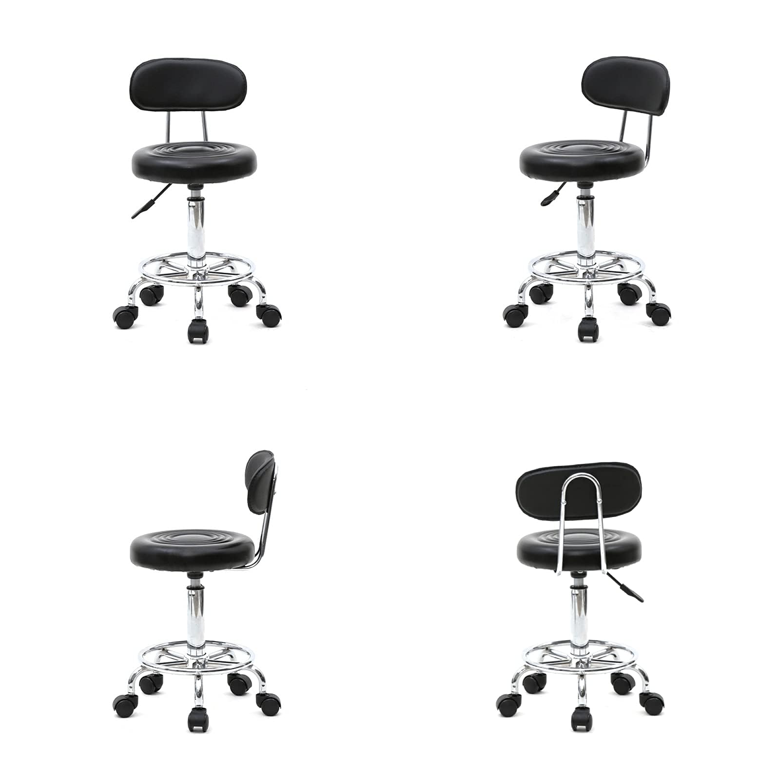 Taburete con Ruedas, Taburete Ergonómico con Respaldo, Giro de 360 Grados, Altura Ajustable de 48 a 58 cm para Oficina, Salón, Bar, SPA (1, Negro)