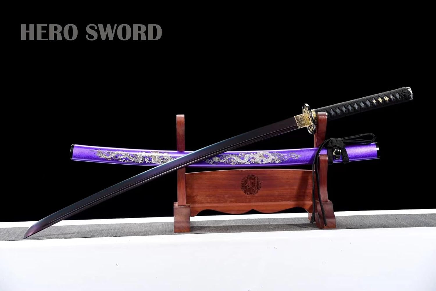HERO SWORD Handmade Purple Katana Real Full Tang Sharp Japanese Samurai Sword Can Cut Bamboo Trees Battle Ready
