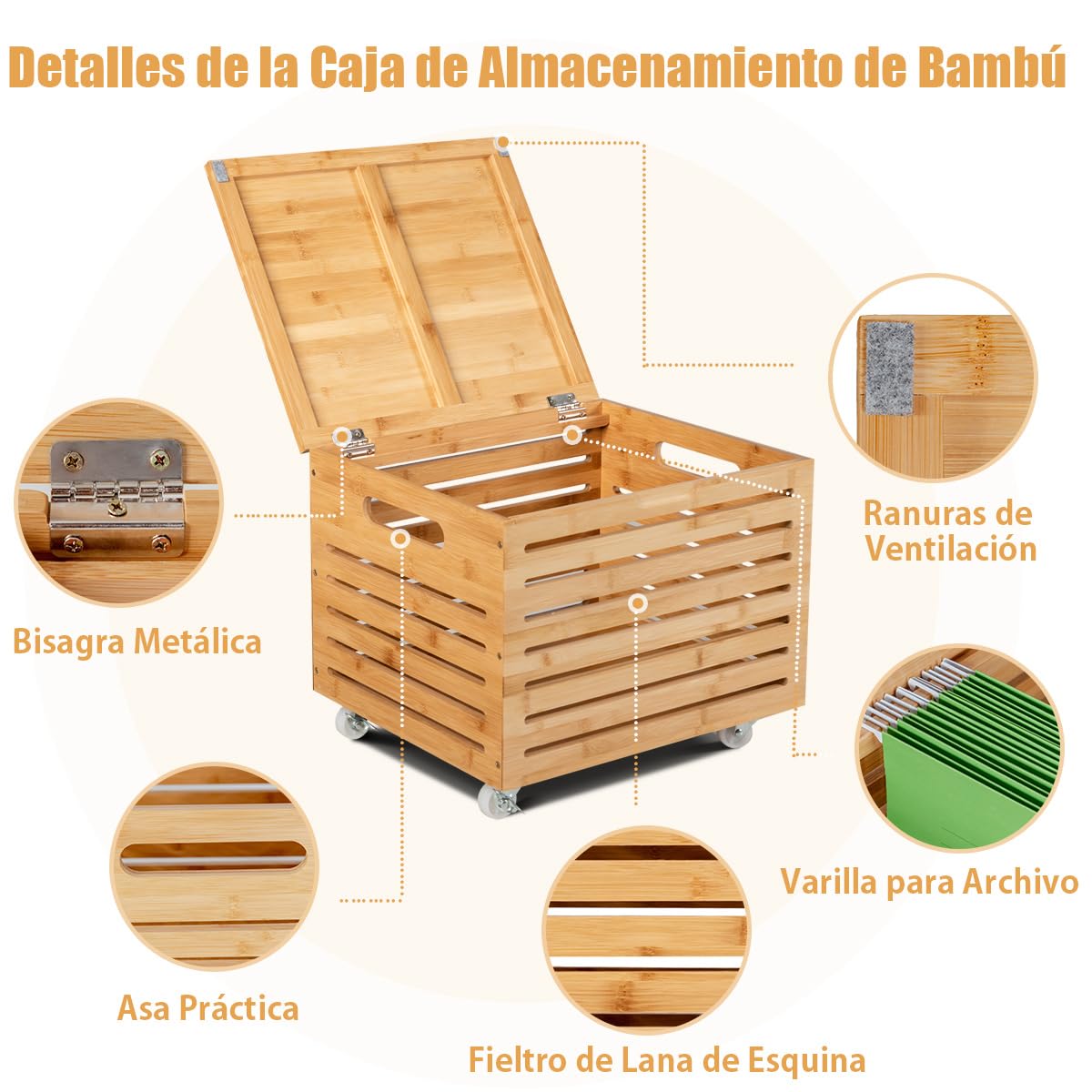 COSTWAY Caja de Almacenamiento Bambú con Ruedas Bloqueables, Baúl de Almacenamiento con Tapa, Organizador de Archivos para Documentos Tamaño Carta, Juguetes, Mantas, Almohadas
