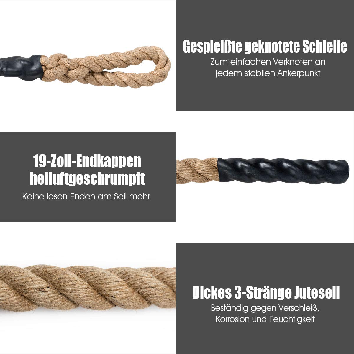 COSTWAY Gym Kletterseil, Übungsseil mit Gummigriffen, Sportseil aus Juteseil, Trainingsseil für Kraft- und Fitnesstraining, Ganzkörpertraining