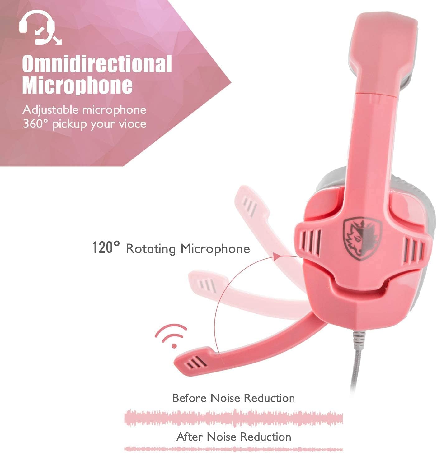 Pink Xbox One, PS4 PS5 Gaming Headset, 3.5mm Wired Over Ear Noise Cancelling Gamer Headphones with Mic Volume Control for PC Mac Laptop Computer Games Smartphones
