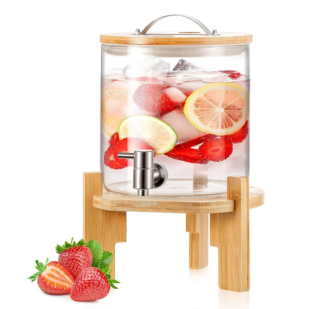 Borosilicate Juice Dispenser 5 Litre with Spigot and Wooden Stand, Cold Glass Beverage Dispenser for Party, Large Lemonade Dispenser Jar with Spigot, Glass Water Dispenser (5L)