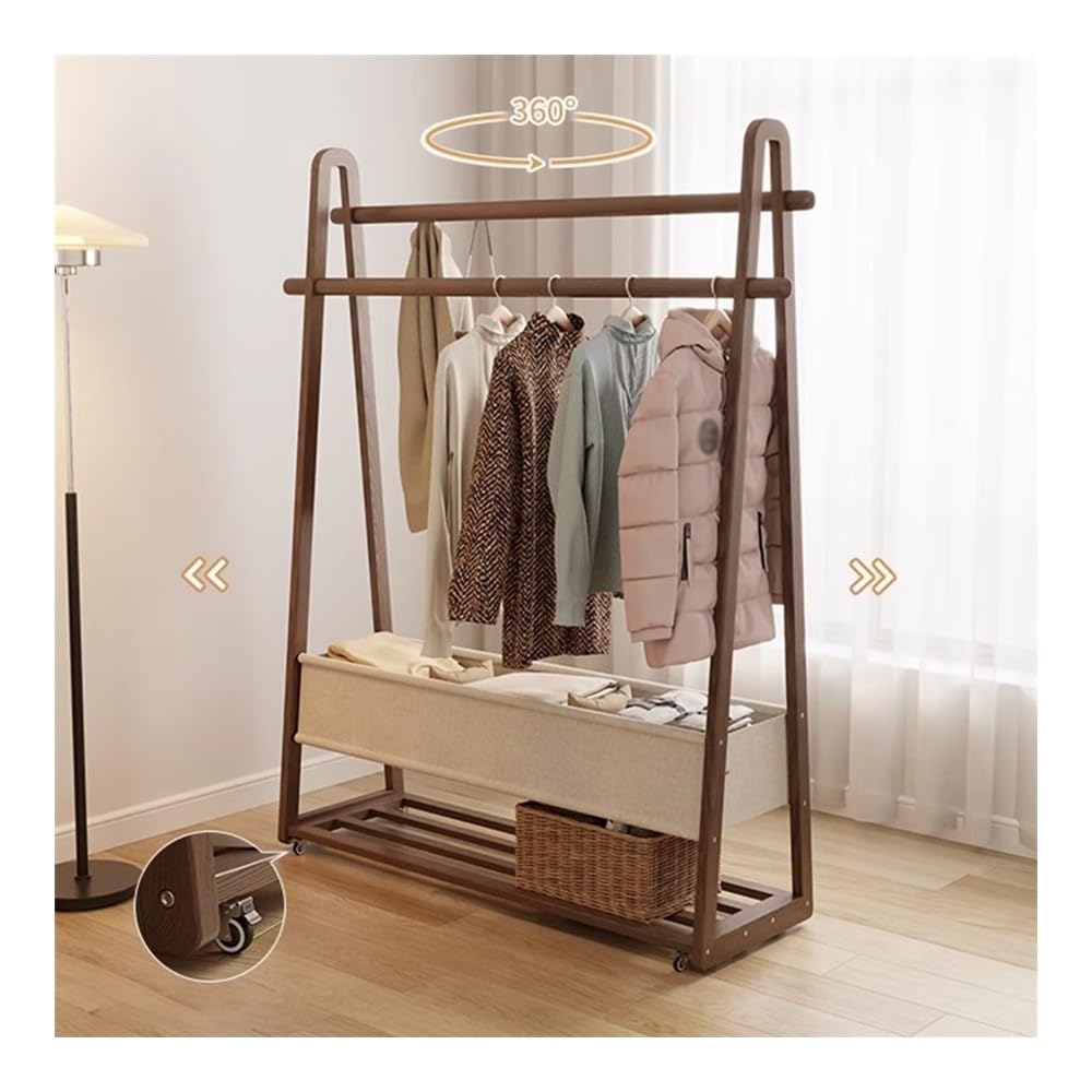 Massivholzgarderobe mit Rollen, mobiles Aufbewahrungsregal für Eingangsbereich und Schlafzimmer, Hängeorganizer mit Stofftasche, höhenverstellbar, Walnussholz-Finish, kleine Größe