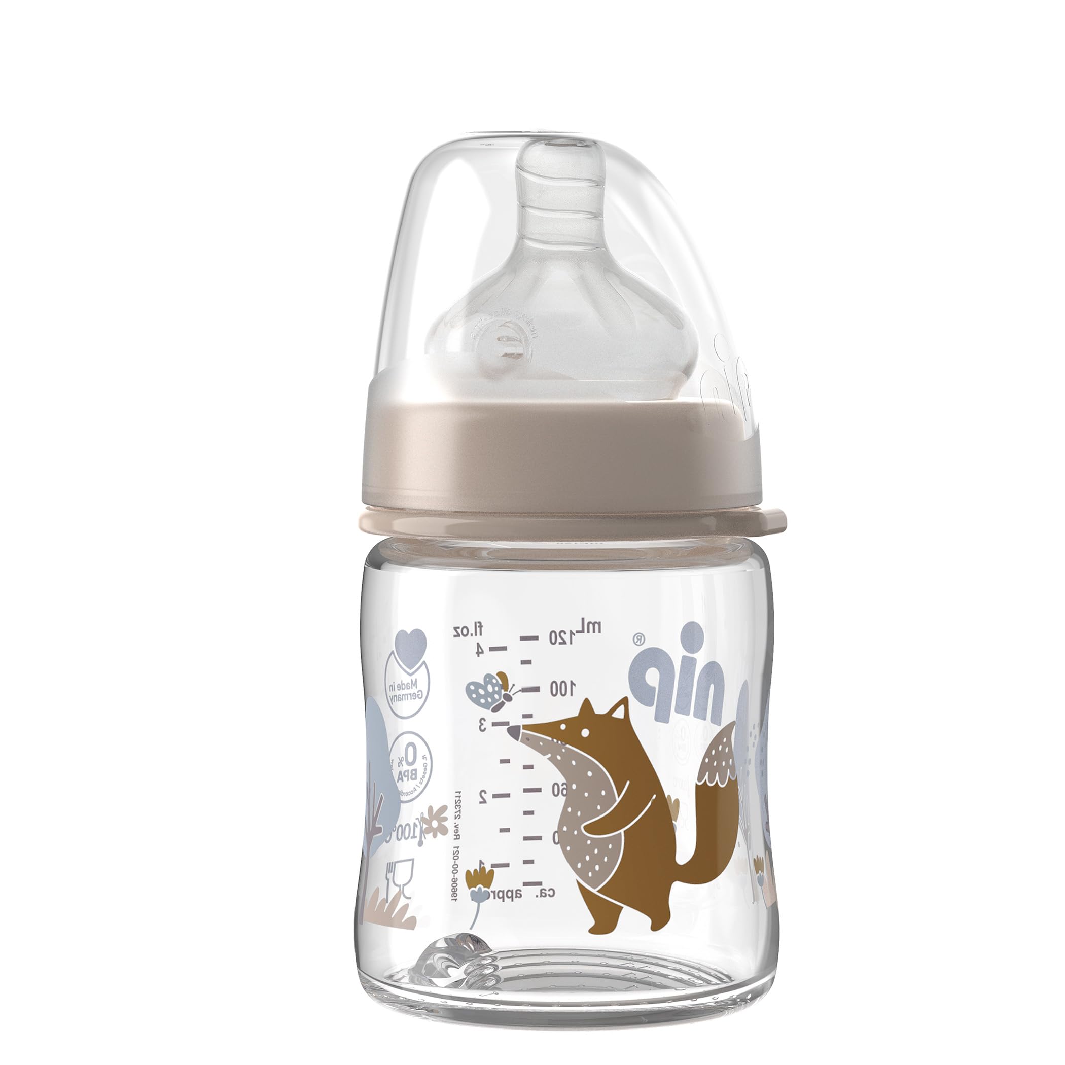 nip – Weithalsflasche Glas | 120ml | Babyflasche mit weichem Silikontrinksauger und Ventil für optimalen Lufteinstrom. Babyflasche aus bruchfestem Glas | Sauglochgröße M, Girl