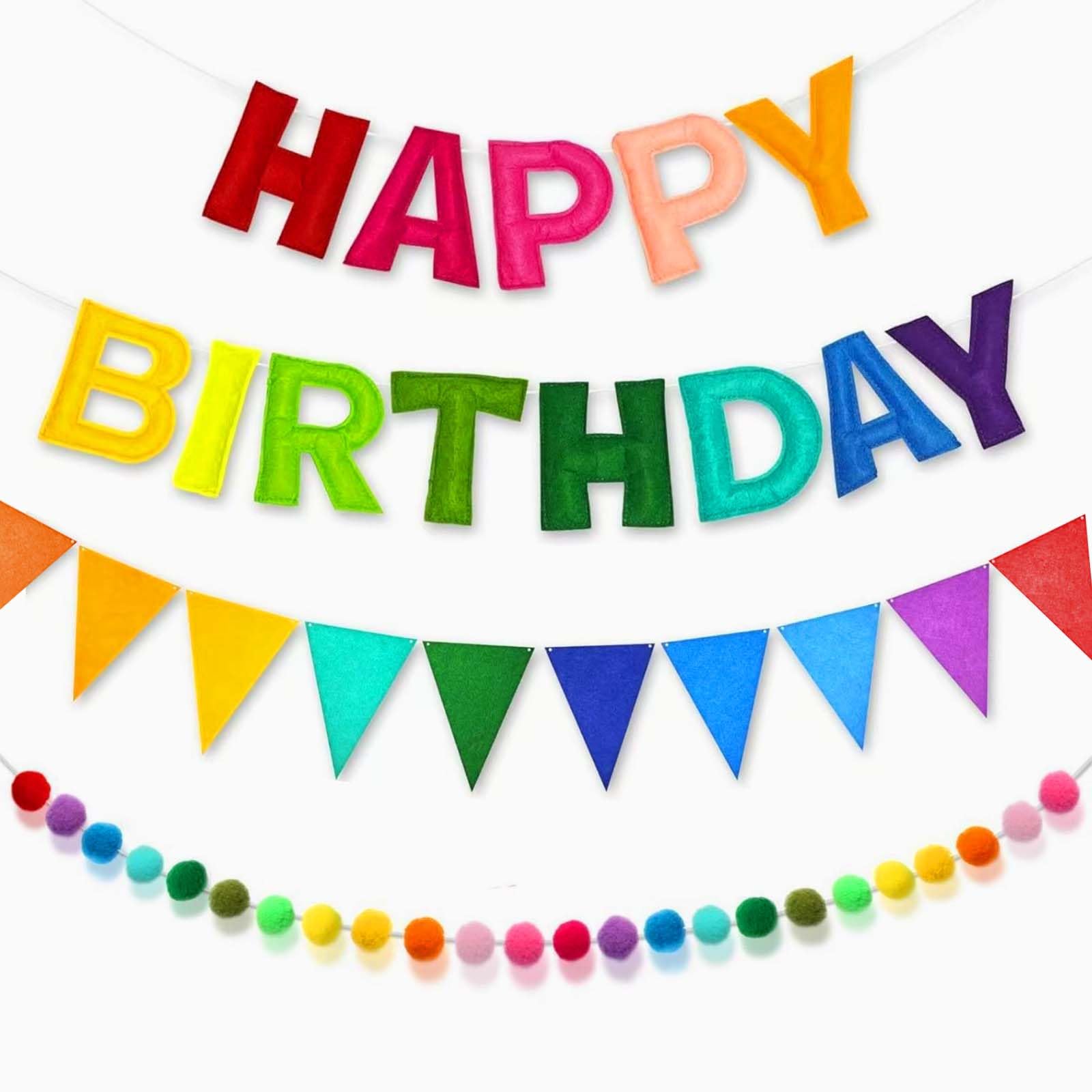 Happy Birthday Banner-Felt Happy Birthday Decorations Ball Garland Pennant Flag Reusable Rainbow Birthday Decorations