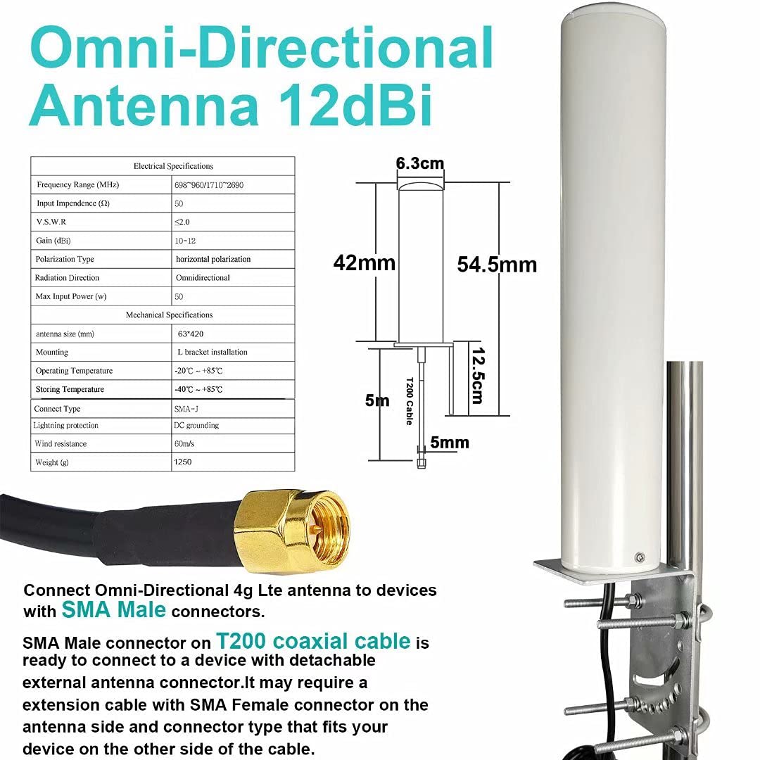 Antenna Ad Alto Guadagno 12dBi SMA Maschio 698-2700 MHz 3G/4G LTE Antenna Omnidirezionale Esterno per Montaggio a Parete/Palo per Telefono Cellulare 4G LTE Router Modem Gateway