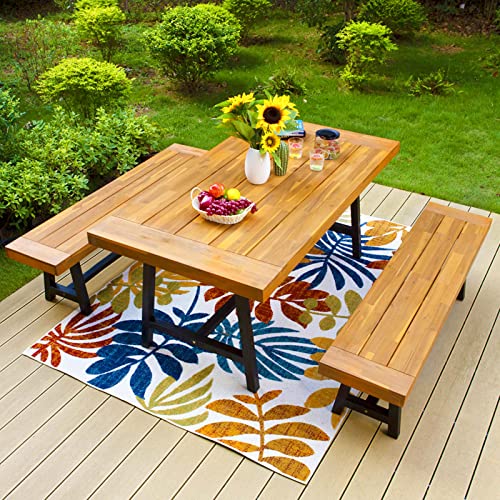 PHI VILLA Outdoor Dining Table and Bench Set Patio Wood Table and Bench