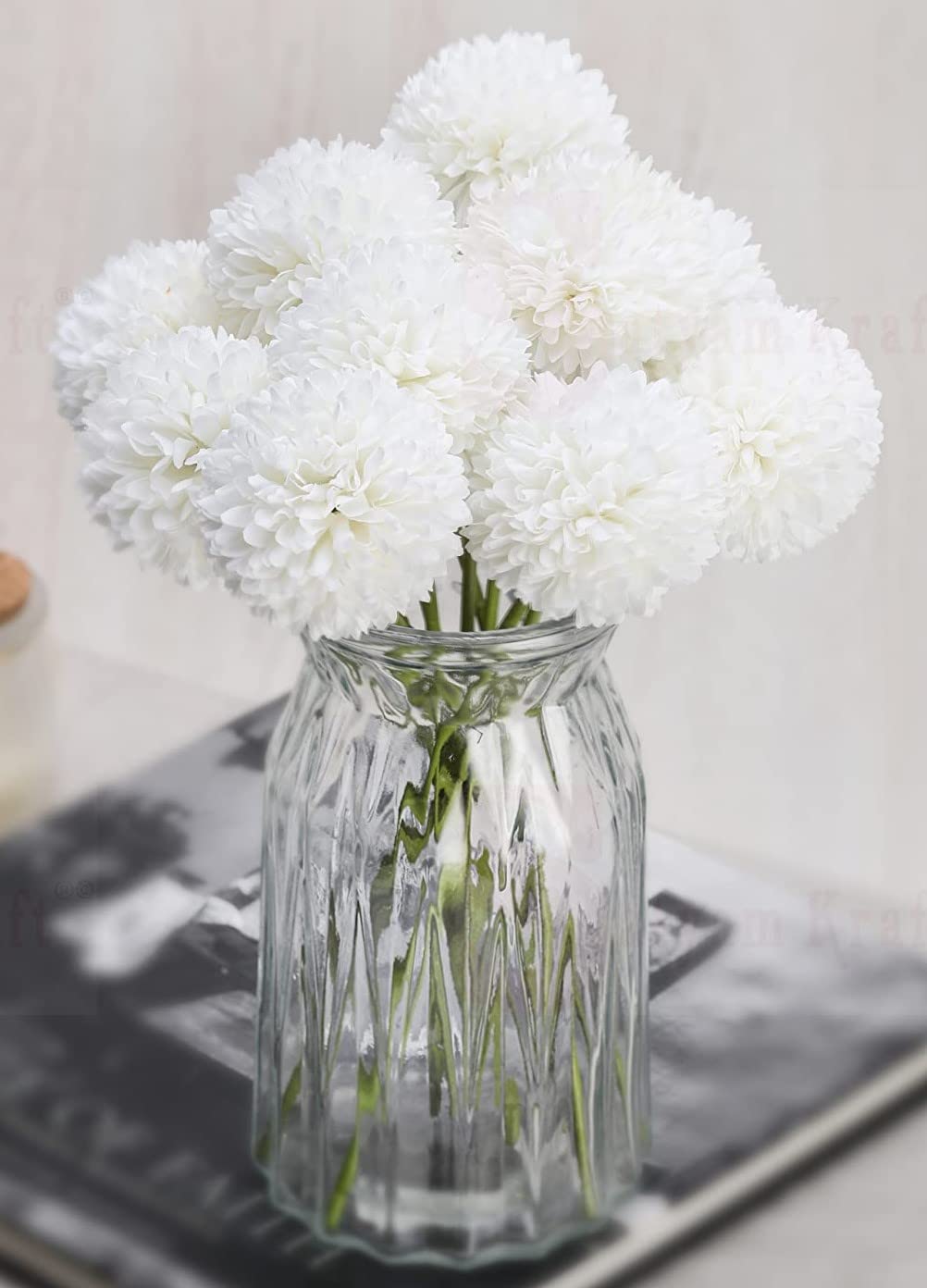 SATYAM KRAFT 5 Pcs Artificial Chrysanthemum Hydrangea Ball Flower Sticks for Home, Office, Bedroom, Balcony, Living Room & Craft Decoration (Fabric, Without Vase) (White, 5 PCS)