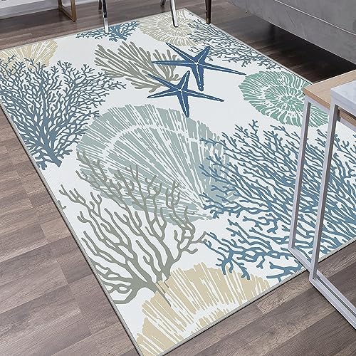 Image of Tritard 8x10 Washable Coastal Rug for Living Room, Bedroom, Blue