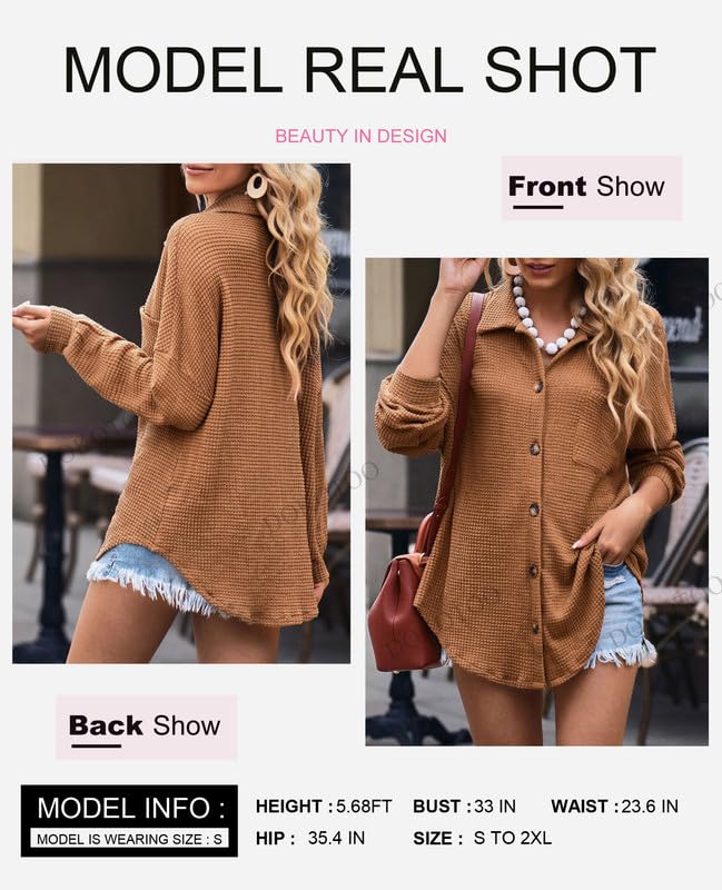 Image of Dokotoo Womens Waffle Knit Shacket Jacket Casual Button Down Shirts Tops | Long Sleeve,Loose Fit,Boyfriend Style,Collared V Neck,Fall Cardiga,Outwear with Pockets