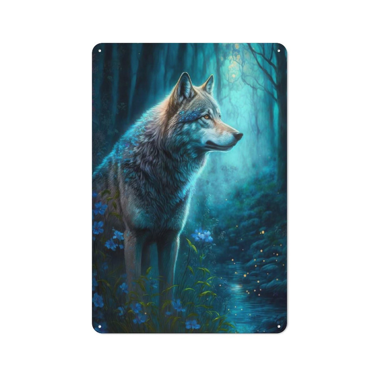 Wolf at The River Retro Tin Wall Plaque 30x20cm for Guest Room Or Hallway, for Vintage Wall Decor Fans, for Themed Room Decoration