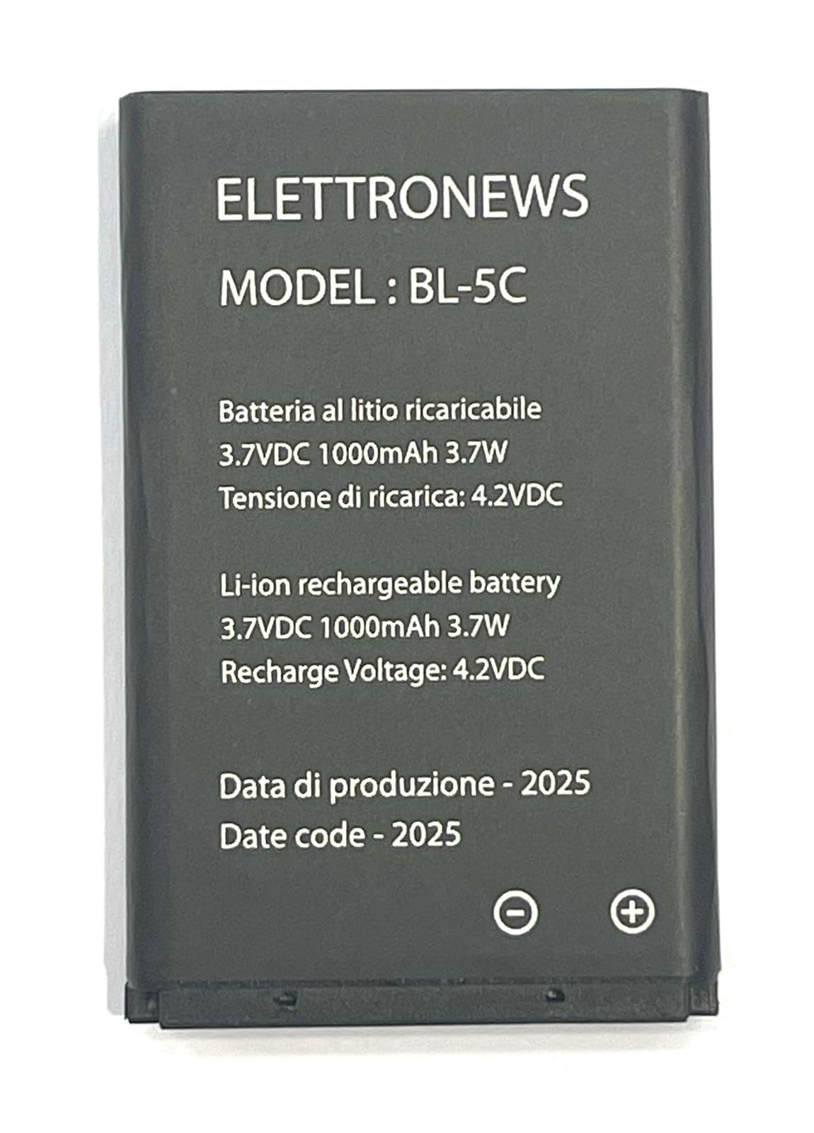 Back view of the BL-5C battery showing safety warnings in Italian and English.