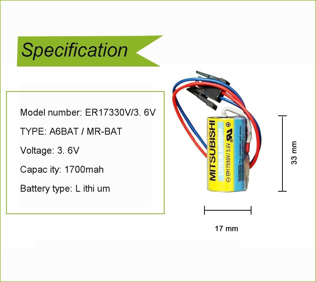 [6 Pack] 3.6V ER17330V Battery 1700mAh A6BAT-MR-BAT for FANUC CNC System