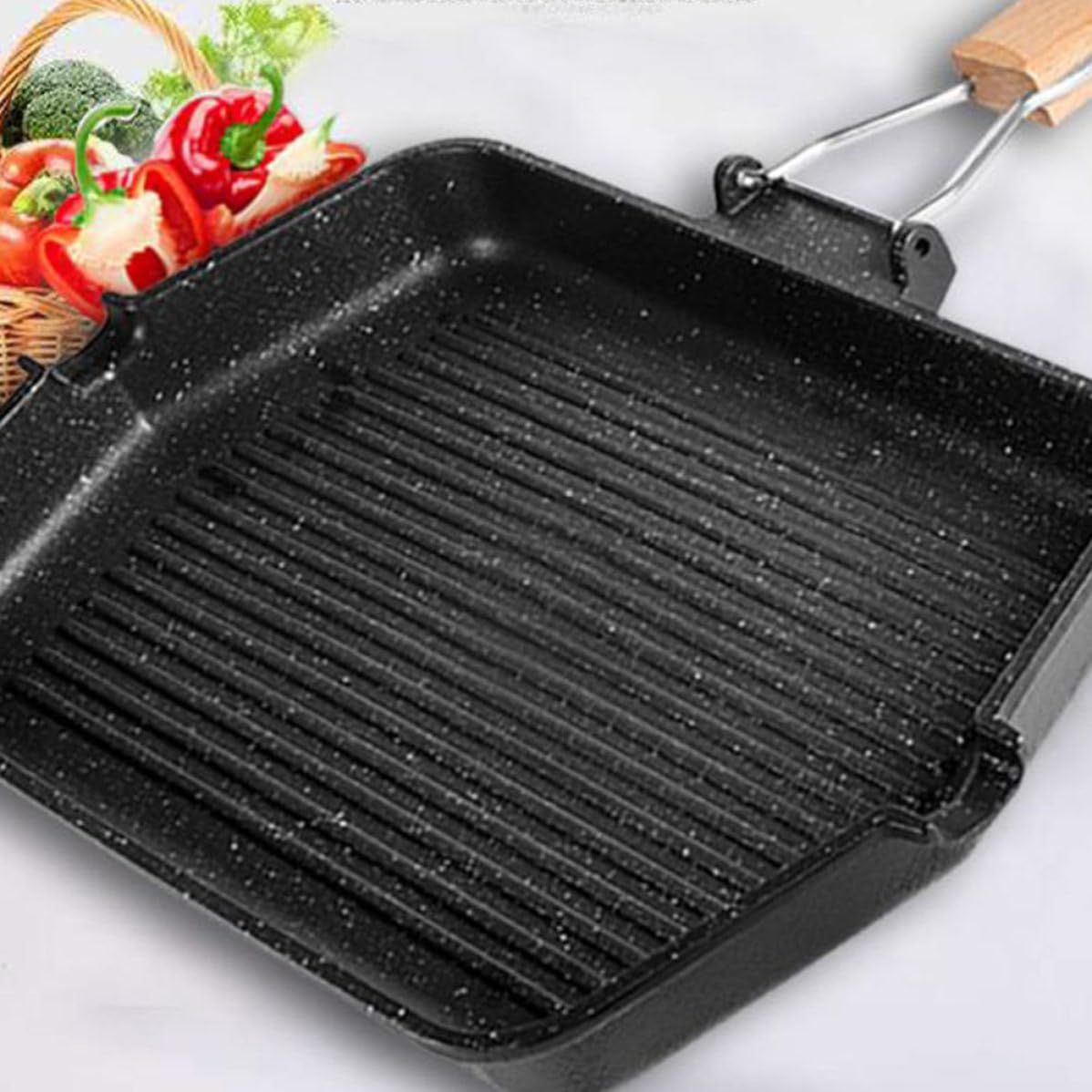 Padella Antiaderente per Grigliare Pesce e Uova, Manico Pieghevole Nero