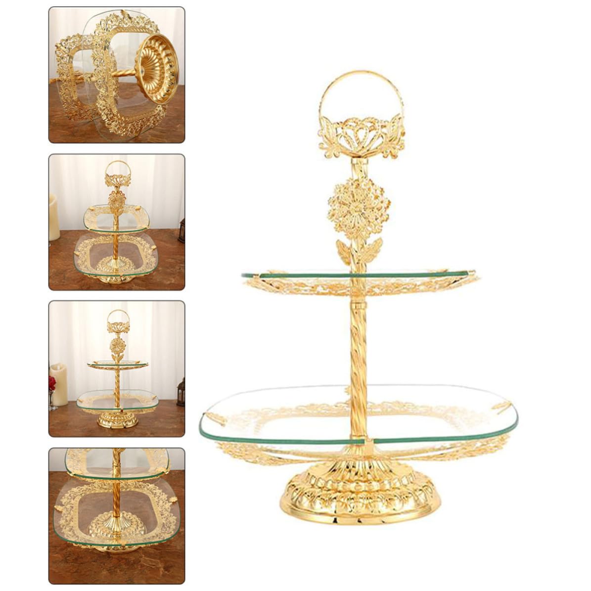 Gatuida Doppellagiger Speiseteller aus Glas und Eisen Goldfarben für Obst und Desserts im Klassischen Europäischen Stil Quadratisch mit Breitem Rand