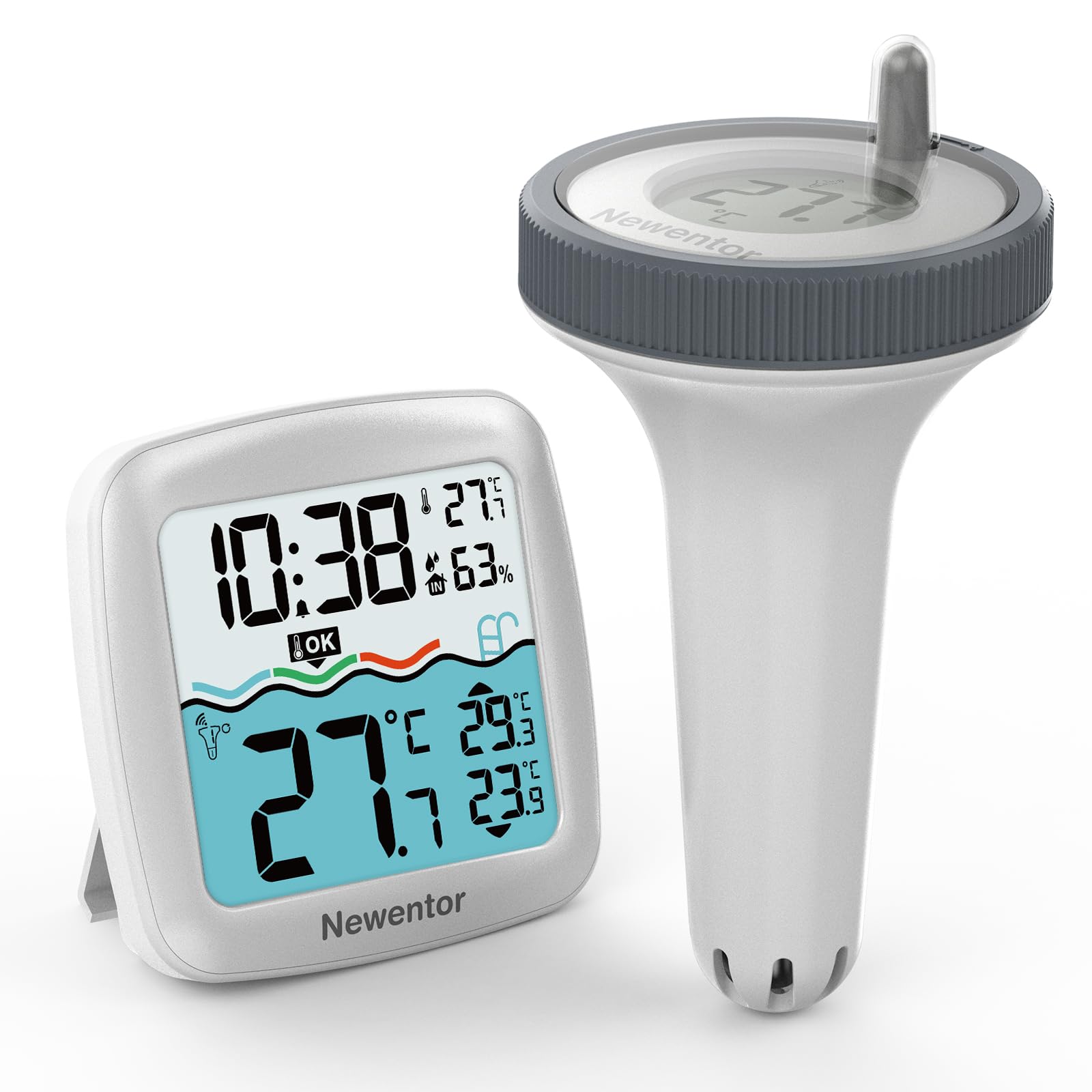 Newentor Funk Poolthermometer - 4-fach Wasserdicht - Antennen-Turbo durchdringt Wände für 100m Reichweite - Schwimmend Wasserthermometer, Perlweiß mit Basisstation