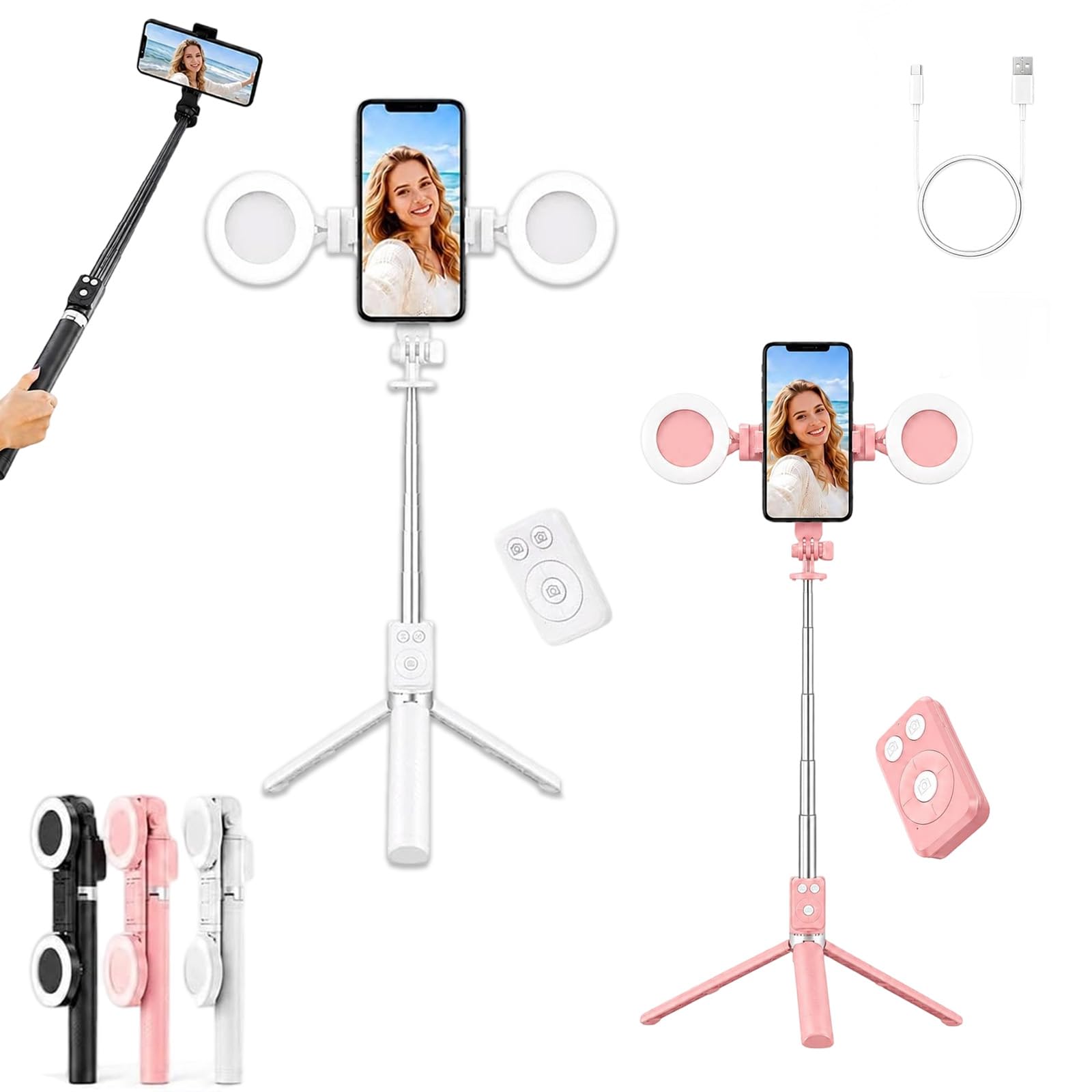 Bastone per selfie 6 in 1 con luce di riempimento, selfie con tracciamento automatico del viso, treppiedi con telecomando, 6 in 1, wireless, Bluetooth, per iPhone, Samsung, Android, rosa + bianco