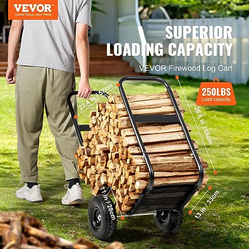 Image of VEVOR Firewood Cart, 250 lbs Capacity, Black Heavy Duty Steel Dolly Hauler with PU Wheels & Waterproof Cover, Outdoor and Indoor Wood Rack Storage Mover, Firewood Carrier for Fireplace, Fire Pit