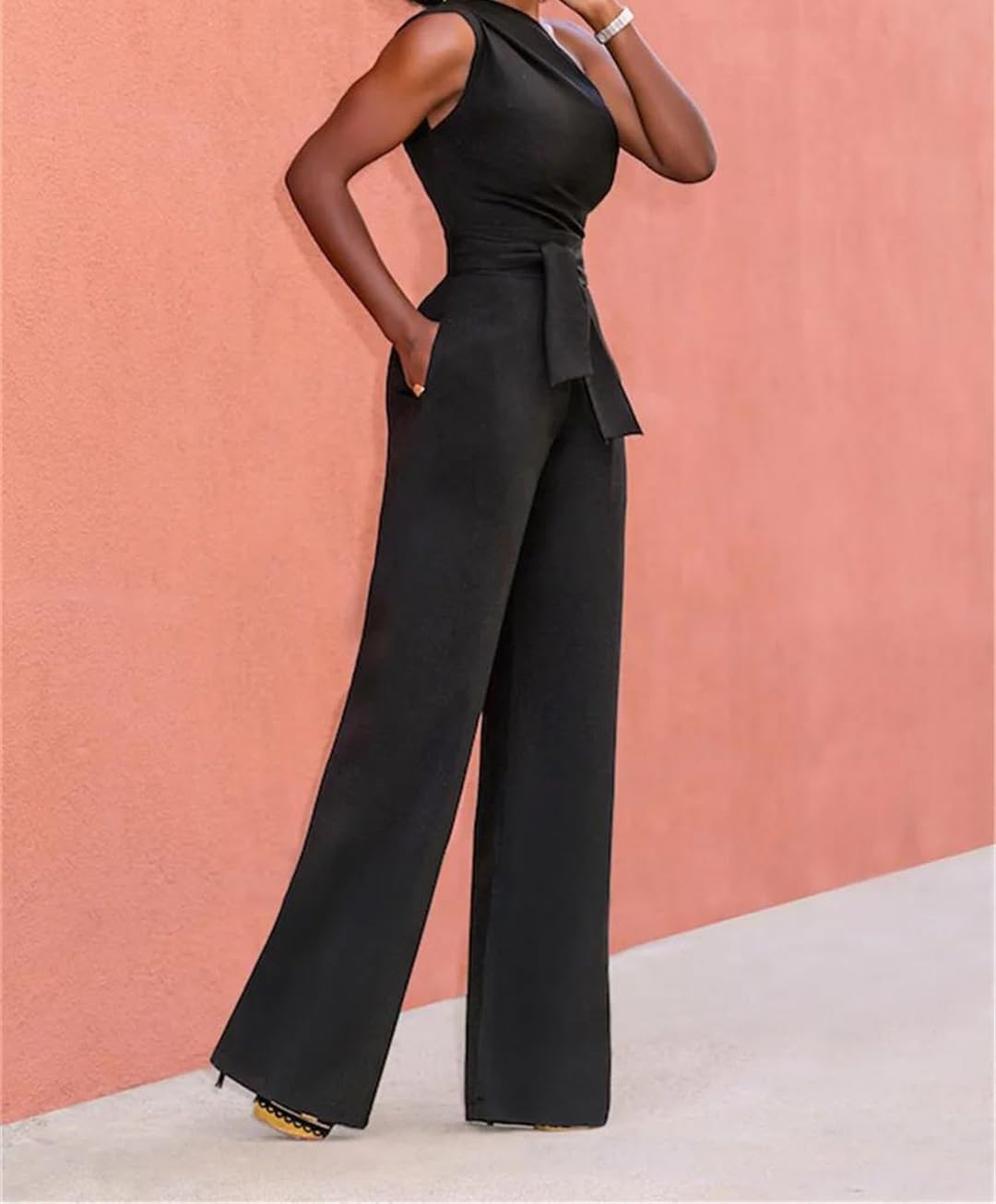 Yeuyyben Mono de pierna ancha con un hombro para mujer, sin mangas, elegante, casual, para fiesta de verano