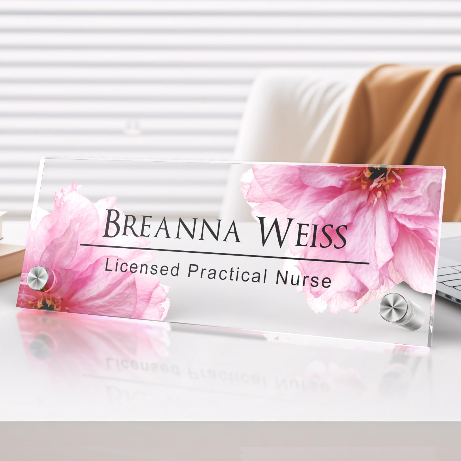 Personalized Name Plate for Desk with Standoff Barrels | Clear Acrylic Office Decor with Flowers Design | Custom Desk Decorations | Ideal Personalized
