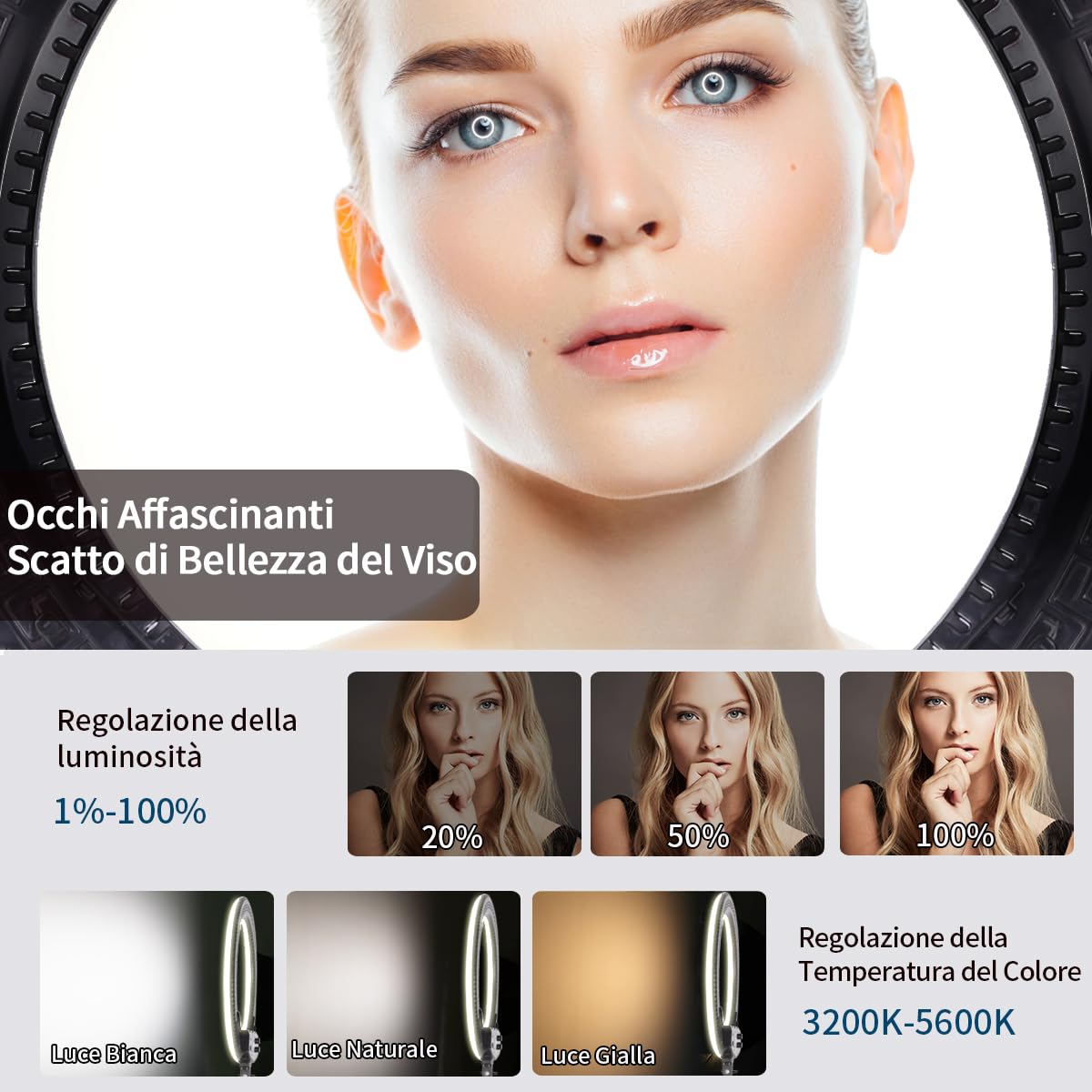 19" LED Luce Anulare Kit con Stativo, Specchio e Supporto per Telefono per La Fotografia in Studio, Ritratto, Selfies, Live Streaming, Registrazione Video, Riempimento Trucco di Bellezza