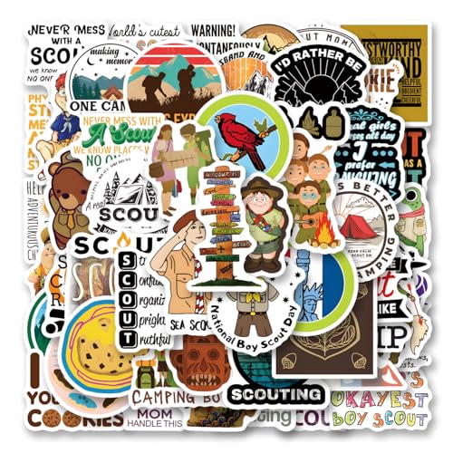 64pcs Boy Scouts Sticker Cute Cartoon Vinyl Waterproof Stickers for Water Bottle Skateboard Laptop Phone Journaling Scrapbooking Decals for Party Supply Decor
