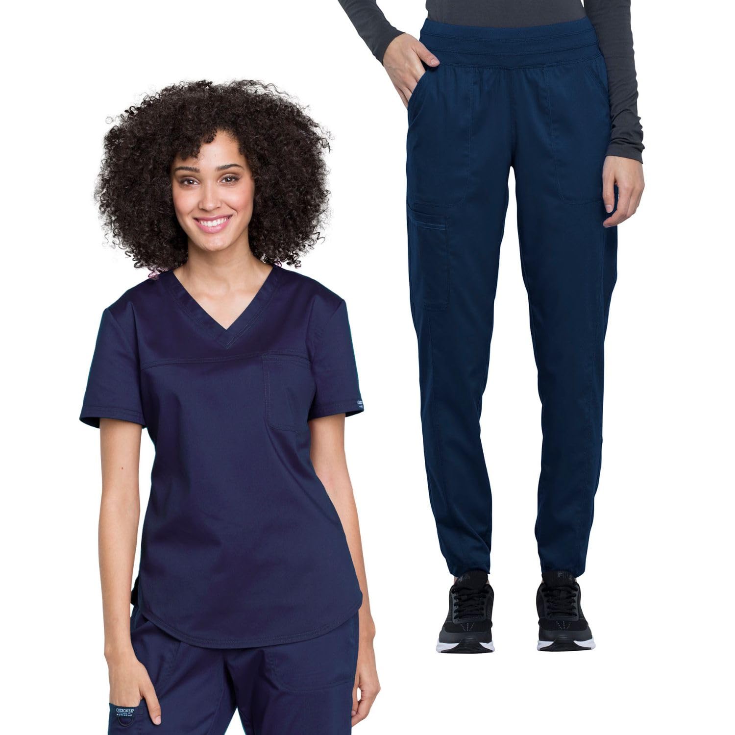 Cherokee Women Scrub Set V-Neck O.R Top WW657 Natural Rise Jogger Scrub Pant with Elasticized Waistband WW011