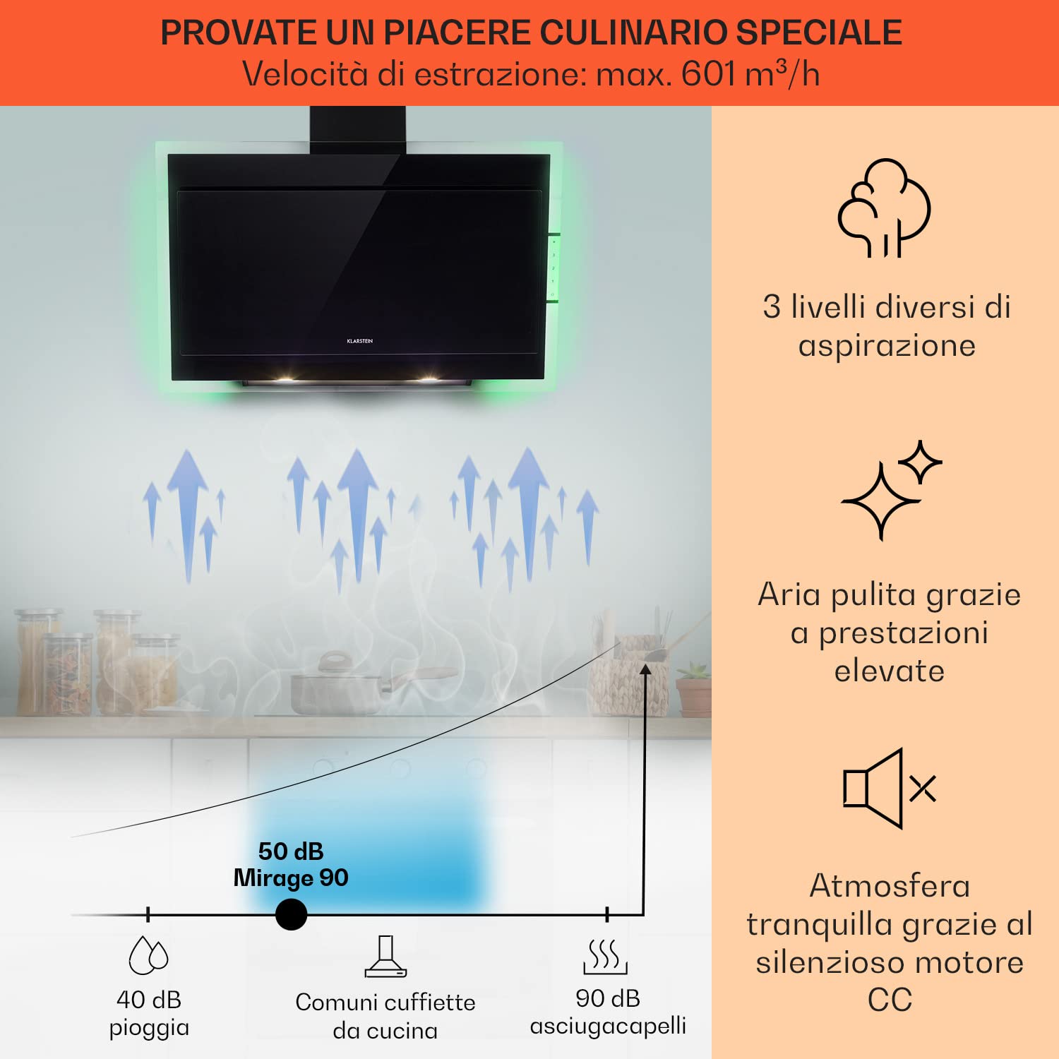 Klarstein Mirage 90 - Cappa aspirante a parete, senza testa, 90 cm, 550 m³/h, classe di efficienza energetica A++, pannello touch, Eco-Excellence, luce d'atmosfera RGB, vetro nero