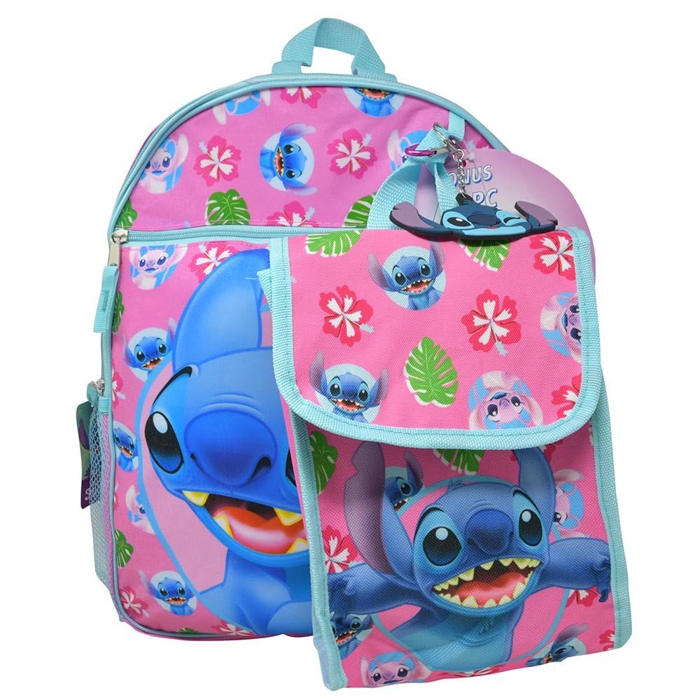 Disney Stitch 16" Backpack 4pc Set with Lunch Kit, Key Chain & Carabiner