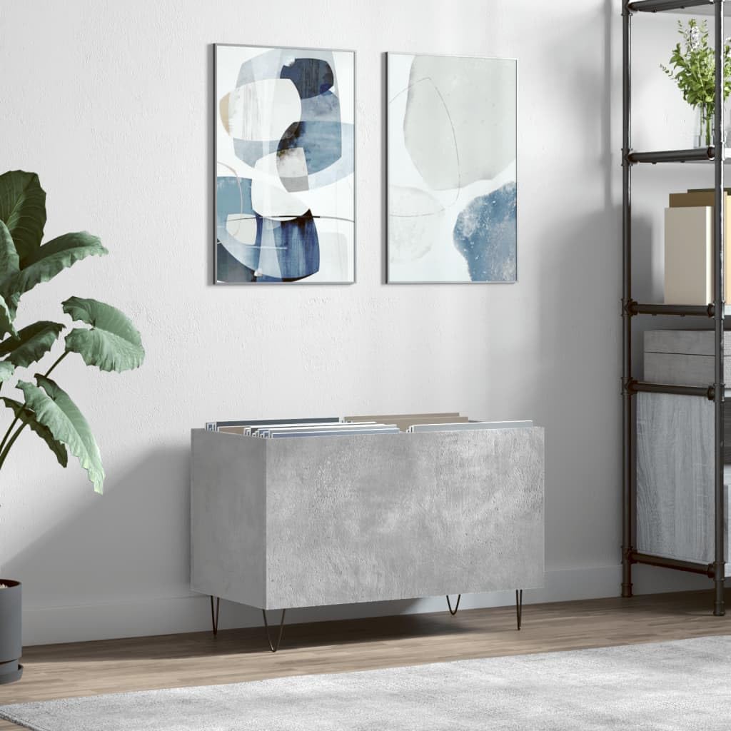 Betonowa szara szafka panelowa 74,5 x 38 x 48 cm, wykonana z materiału drewnopochodnego z żelaznymi nogami, przestronna i stabilna, do winylu, płyt LP, z miejscem do przechowywania