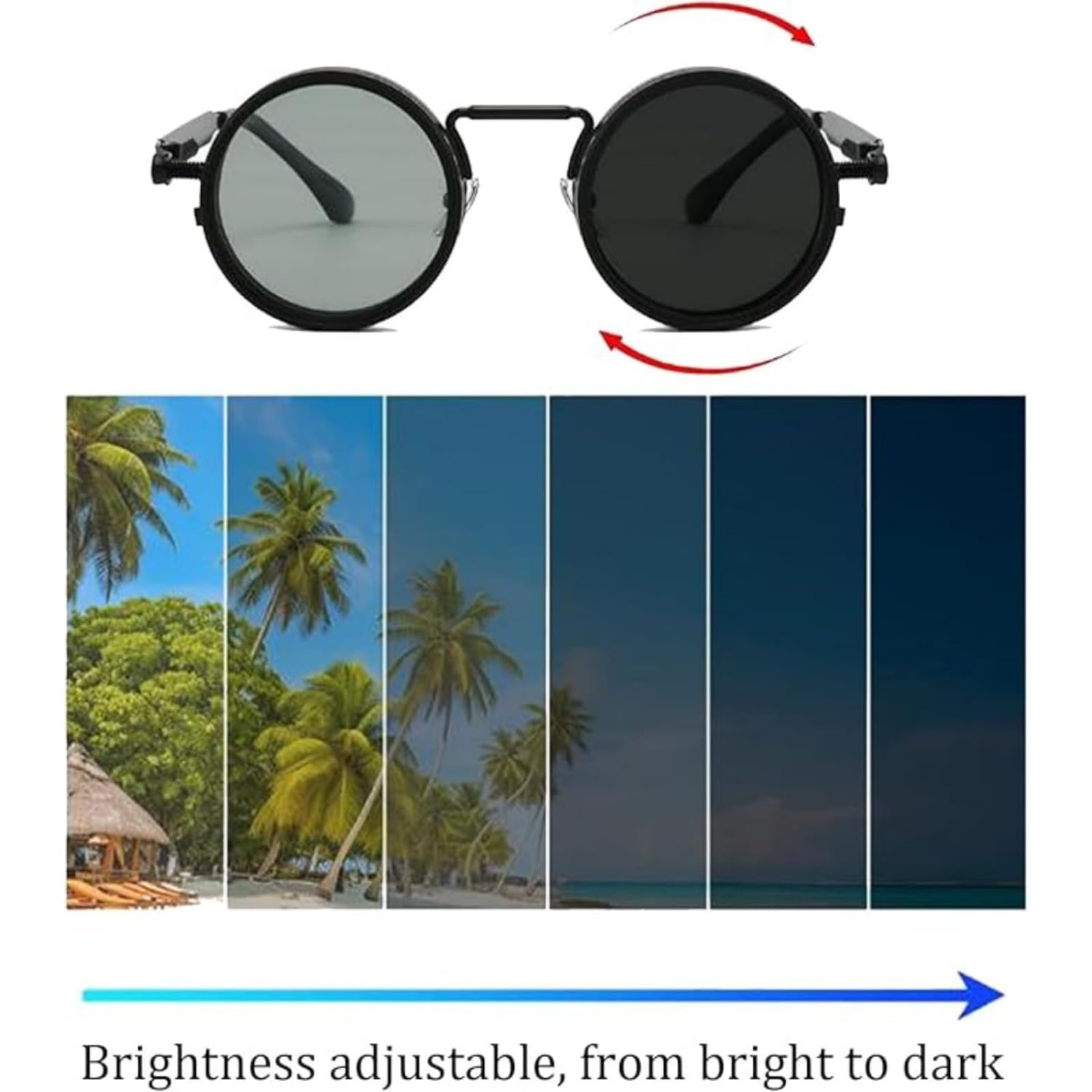 Generico Adjustable Tint Rounded Polarized Lenses Retro Sunglasses, 1-9 Gear Manual Tint Control with ND Filter for Men Women