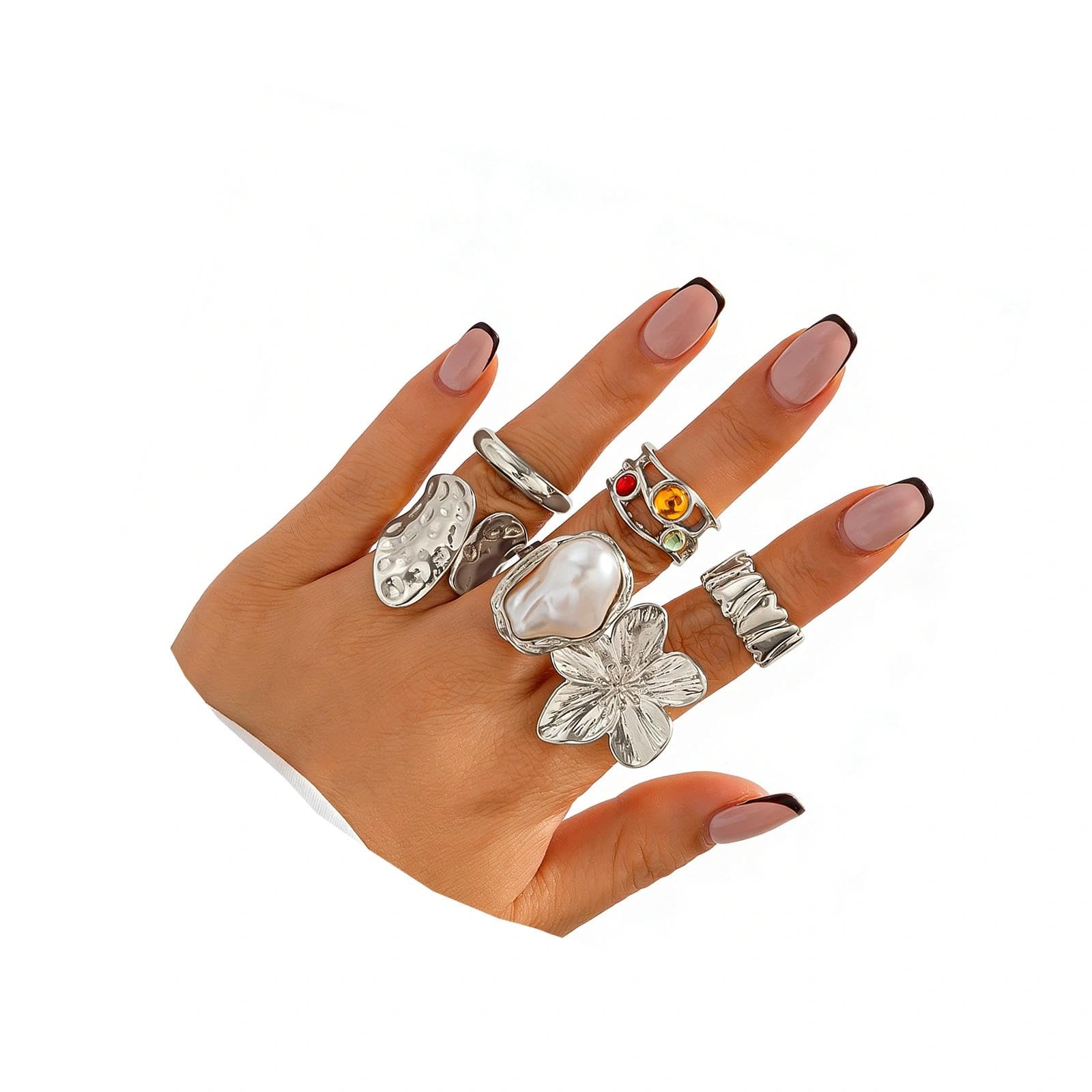 Chunky Gold Rings Set for Women Charm Statement Floral Knuckle Ring Baroque Pearl Stack Ring Wrinkled Prom Outfits Accessories Silver
