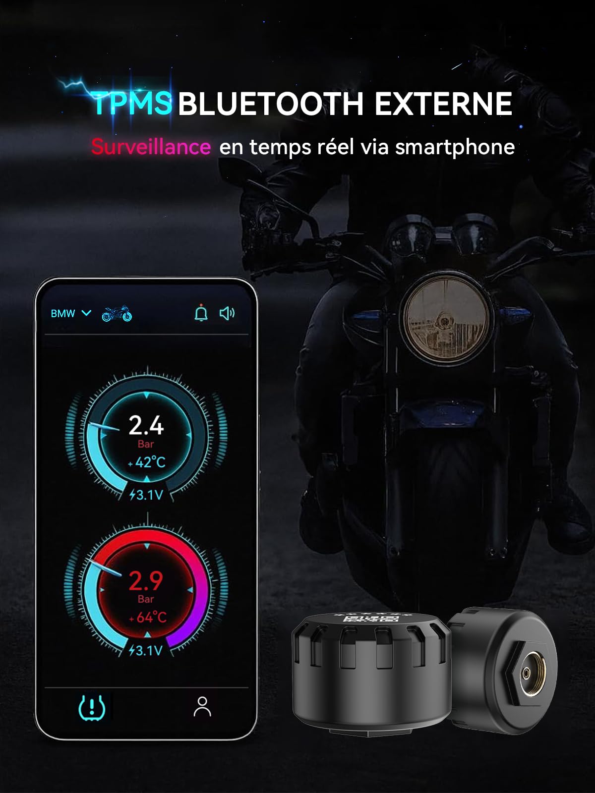 Spedal Système de contrôle de pression des pneus TPMS pour moto - Bluetooth avec application : pression et température précises, étanche, alarme en temps réel pour iOS et Android (3)
