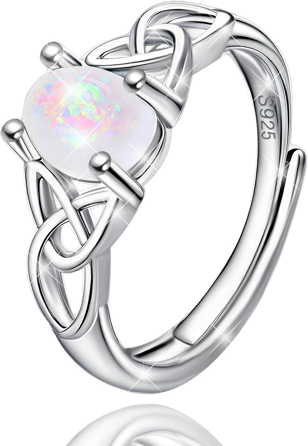 Celtic Knot Open Ring S925 Sterling Silver Oval Synthetic Opal Triquetra Adjustable Ring Bohemian Elegant Wedding Proposal Promise Band Witch Knot Design Irish Jewelry Gifts for Women Party Birthday