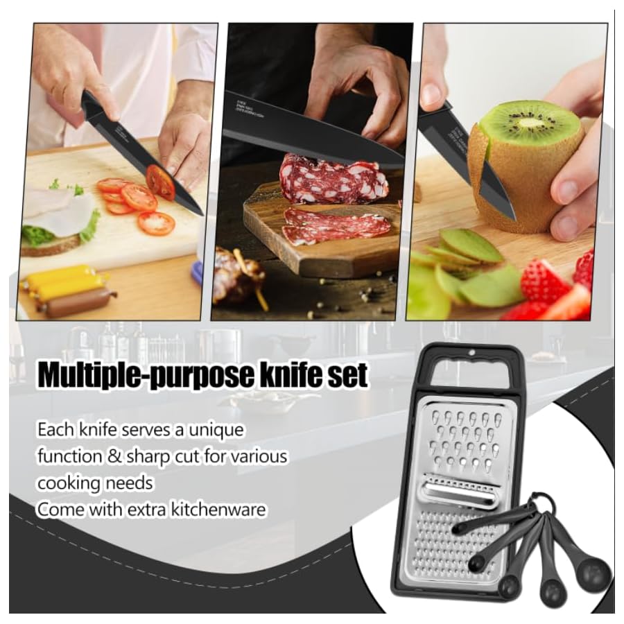 HaWare Knife Set, 21 Pieces Stainless Steel Kitchen Knife Block Set, Black Chef Knife Sets with 6 Steak Kinves, Measuring Spoon & Slicer for Home, Sharp Blade & Light Weight Cutlery, Ergonomic Handle