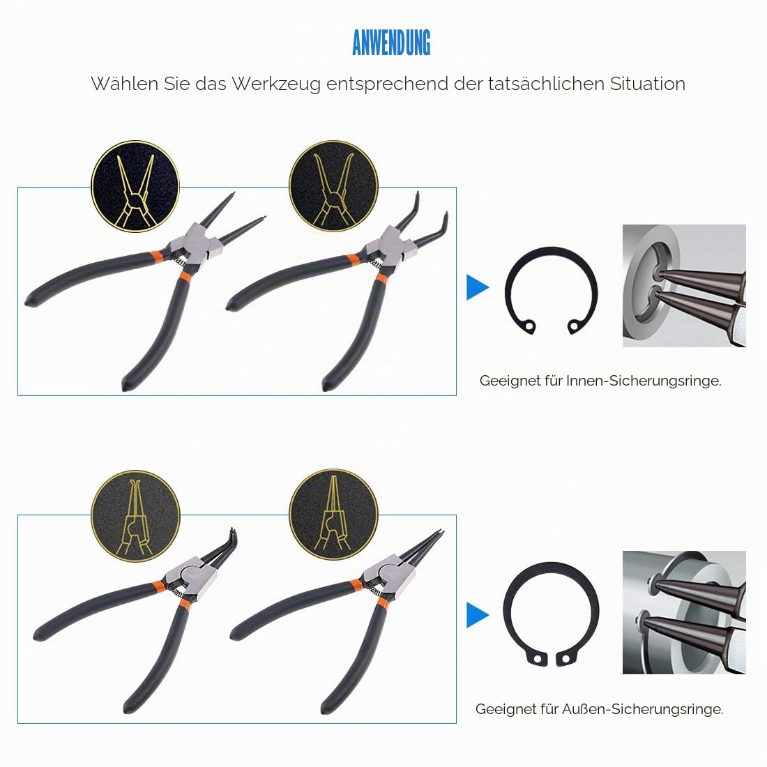 Glarks Sicherungsringzange, 17,8 cm, mit 4 Präzisionshaken, 17,8 cm, für Ringentferner, zum Halten und Entfernen von Schläuchen, Dichtungen, 4 Stück