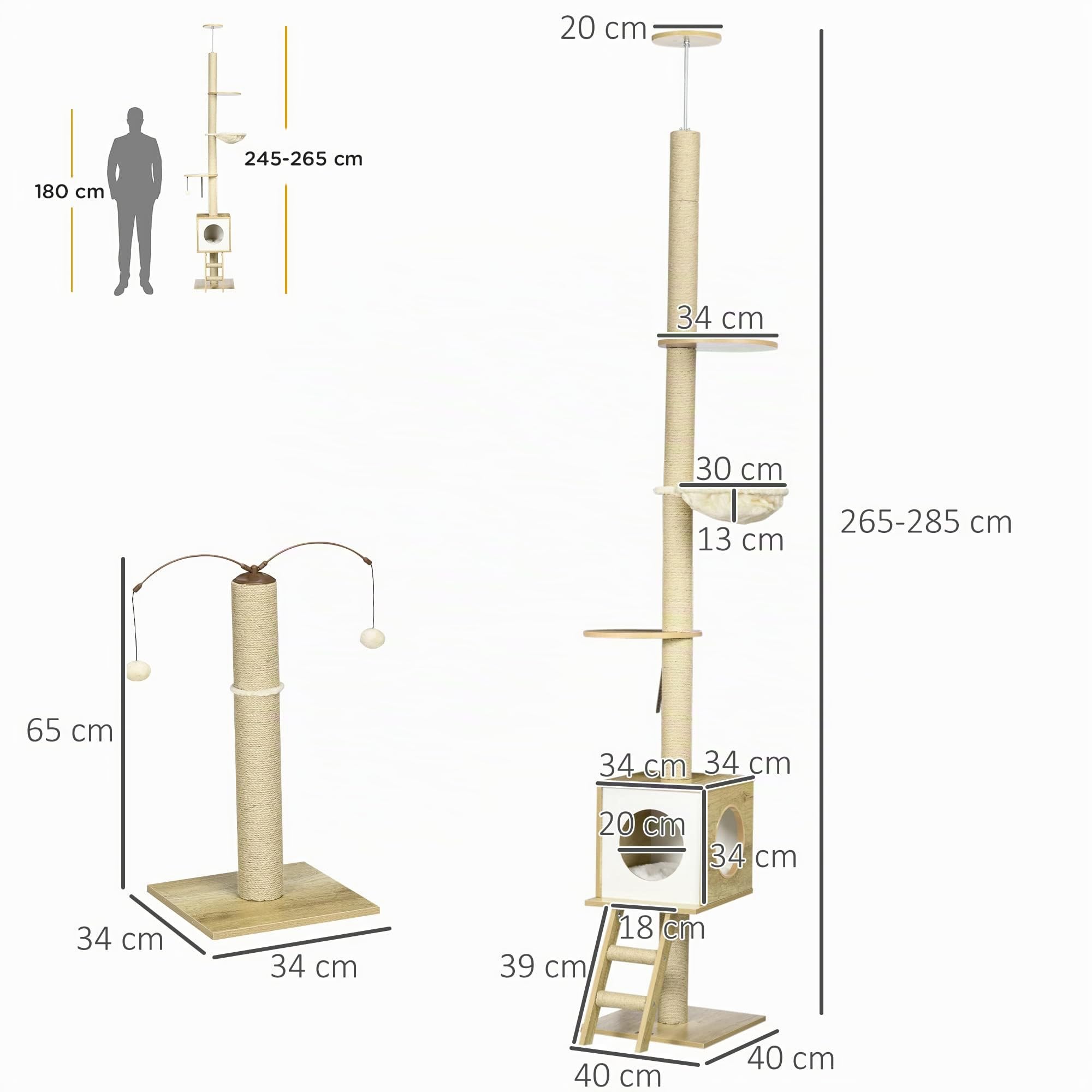 PawHut Árbol para Gatos Techo Ajustable 40x40x225-285 cm Beige | 225-285 cm Altura Ajustable, Árbol para Gatos Grande, con Plataformas, Hamaca, Caseta, Poste de Yute, Rampa y Bolas