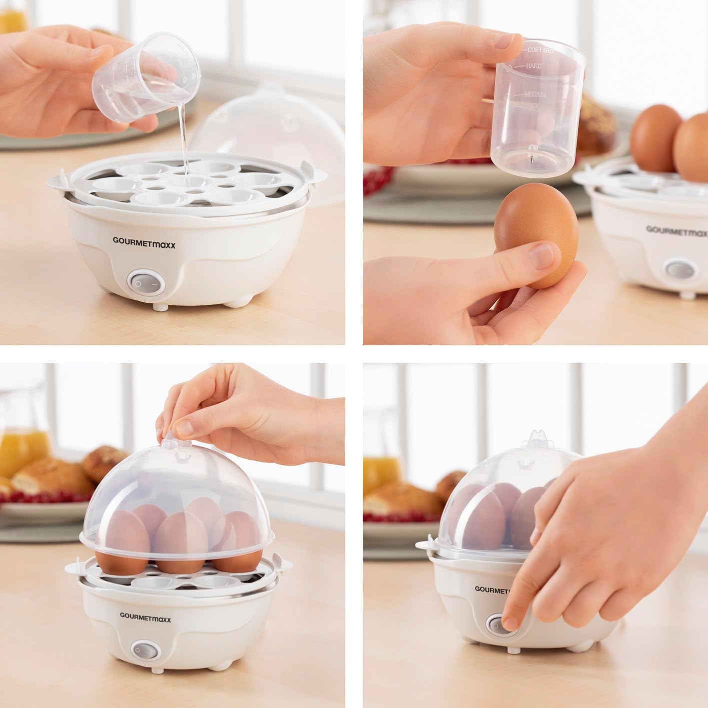 Four-panel image showing the steps: pouring water, piercing an egg, placing the lid, and turning on the egg cooker.