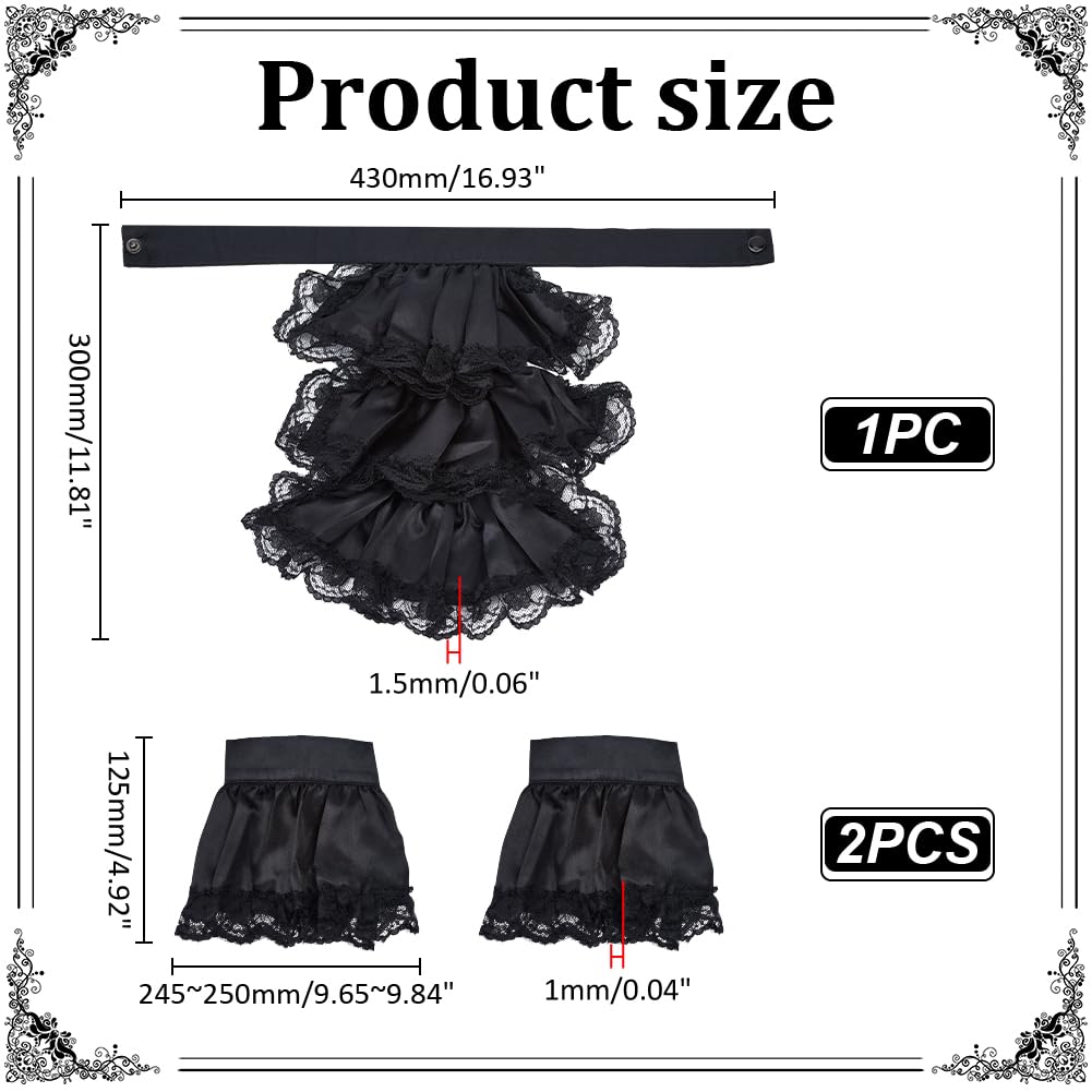 CRAFTYMELODY Victorian Lace Jabot Cuffs Set Black Colonial Lace Jabot Cuffs Collars Victorian Steampunk Chiffon Neck Ruff Collar Floral Ruffled Costume Accessories for Halloween Cosplay Party - Image 2