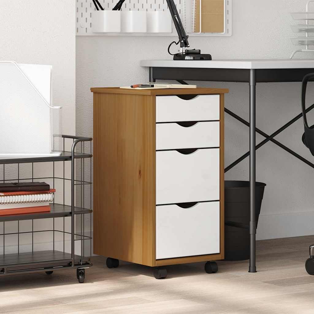 Rollschrank mit Schubladen Moss Honigbraun Massivholz Kiefer, Büroorganisation und Aufbewahrungslösung mit flexiblen Rollen und Griffmulden, vielseitiger Beistellschrank