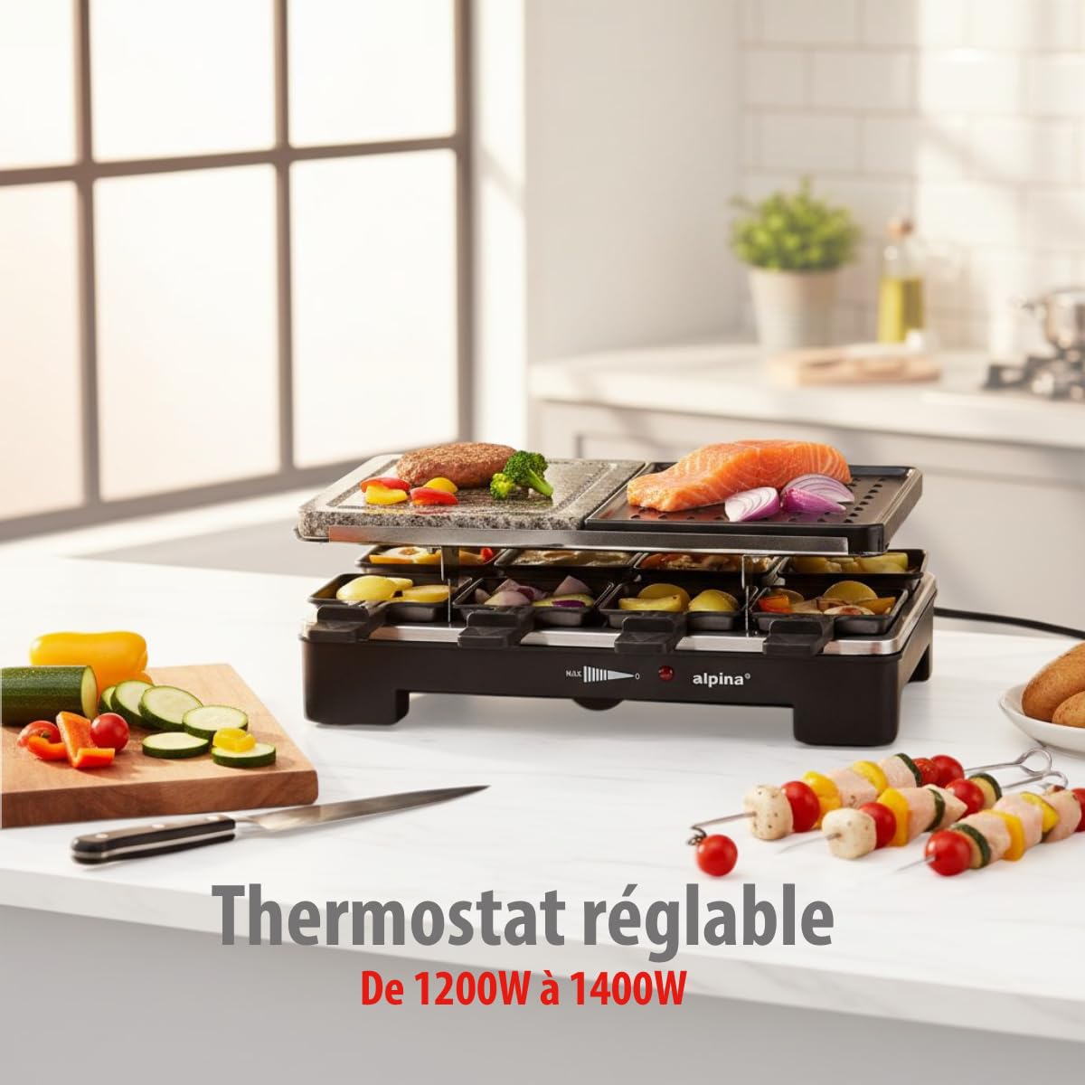 alpina Gril Pierre à Raclette - 8 Poêles - 8 Spatules - 1200-1400 Watt - Thermostat Gourmet Set Plaque de Cuisson