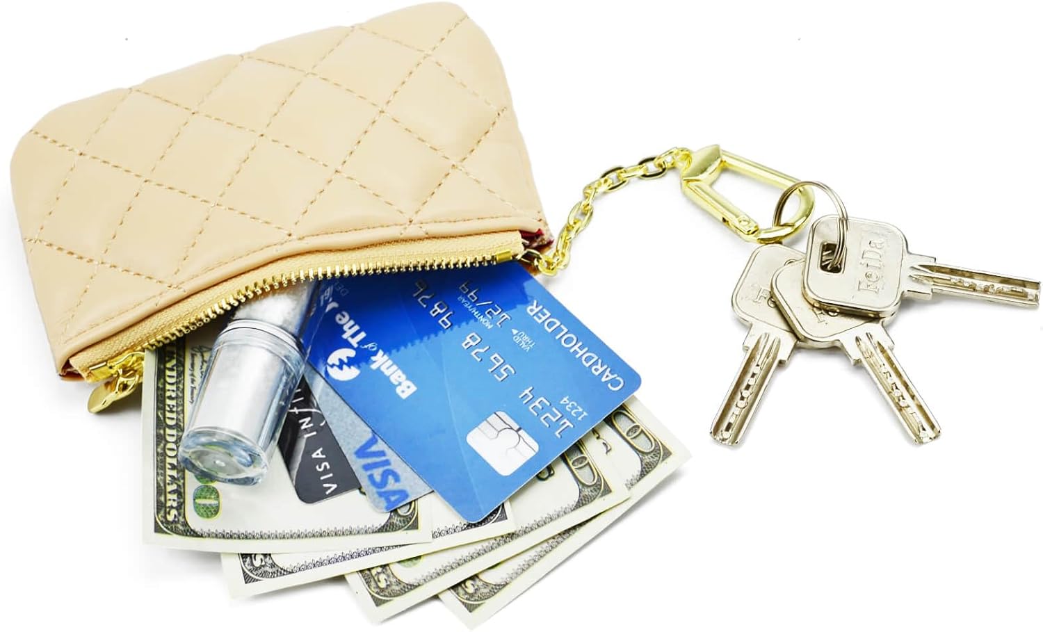 WOZEAH Leather Coin Purse Quilted Wallets for Women Men Portable Small Keychain Wallet Pouch Change Card Holder with Zipper(A-Quilted Light Brown) - Image 2