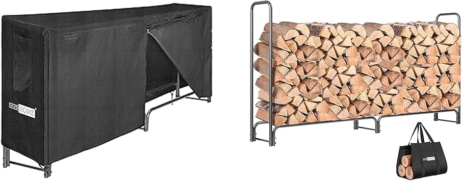 VIVOHOME 8ft Heavy Duty Indoor Outdoor Firewood Storage Log Rack with Cover Combo Set Black 8ft Heavy Duty Firewood Rack Log Holder with Carrier Bag, Metal Wood Pile Storage