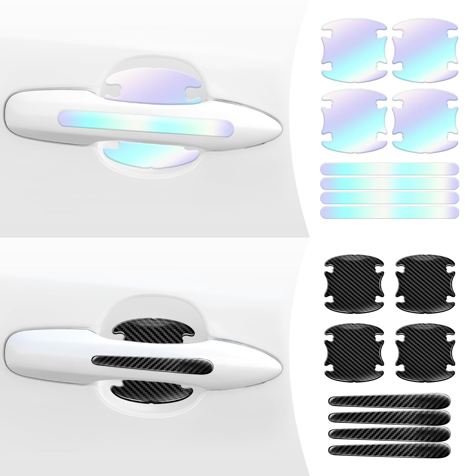 16PCS Car Door Handle Protector -Universal Cars Doors Bowl Reflective Stickers 3D Black Carbon Fiber and White-Dazzl Scratch Waterproof Night Visibility Guard Strip for Auto Exterior Accessories