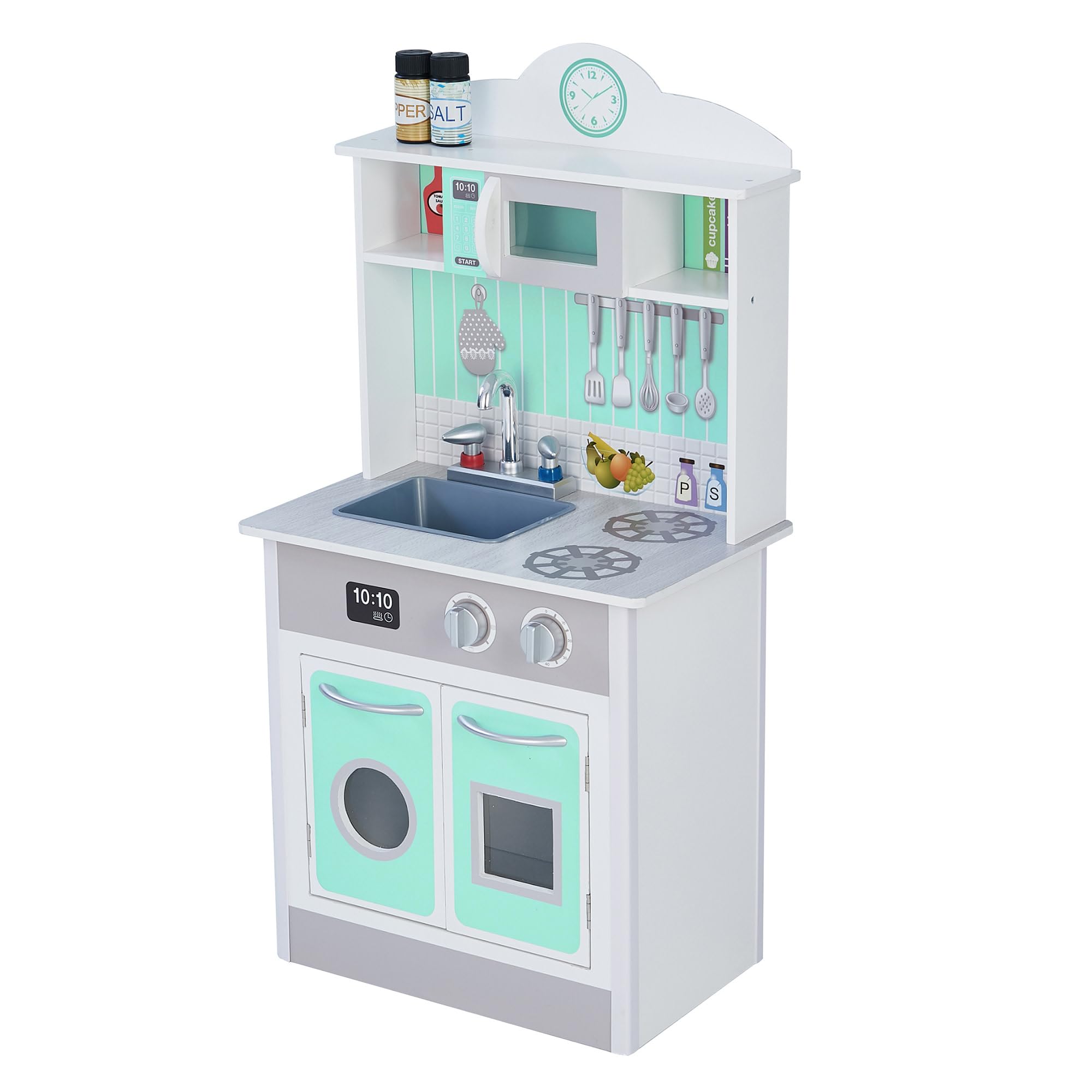 Teamson Kids Little Chef Madrid Classic Interactive Wooden Play Kitchen with Sink, Oven, Microwave and Storage Space for Easy Clean Up, Gray with Mint