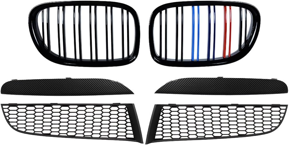 Astra Depot Front Lower Bumper Grille + Carbon Fiber Eyelids Trim + Glossy Black M-Color Dual Slats Kidney Grille Replacement for 2009-2015 BMW F01 F02 740i 740Li 750i 750Li 760Li Driver Passenger