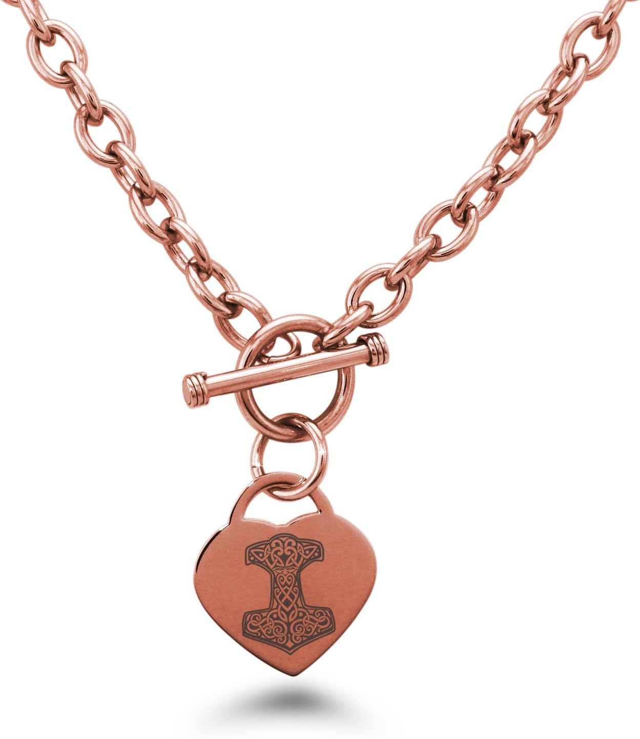 Rose Gold Plated Stainless Steel Thor's Hammer Mjolnir Knot Viking Norse Symbols Heart Charm, Necklace Only