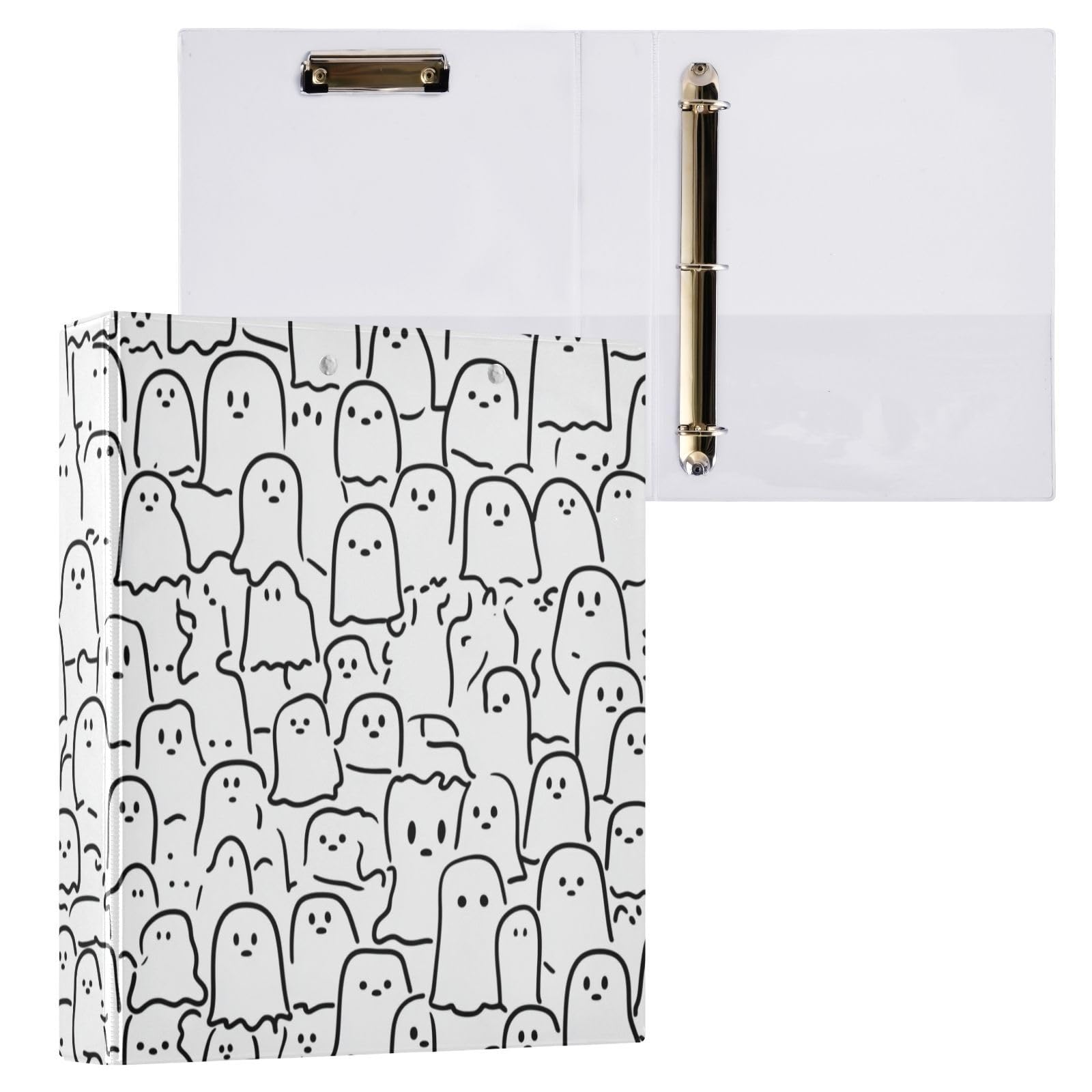Vuiyean Cute Cartoon Ghost Binder 1.5 Inch Binder with Clipboard&Pockets, Black White Funny Ghosts Hardcover Binders 3 Ring, Heavy Duty Large File