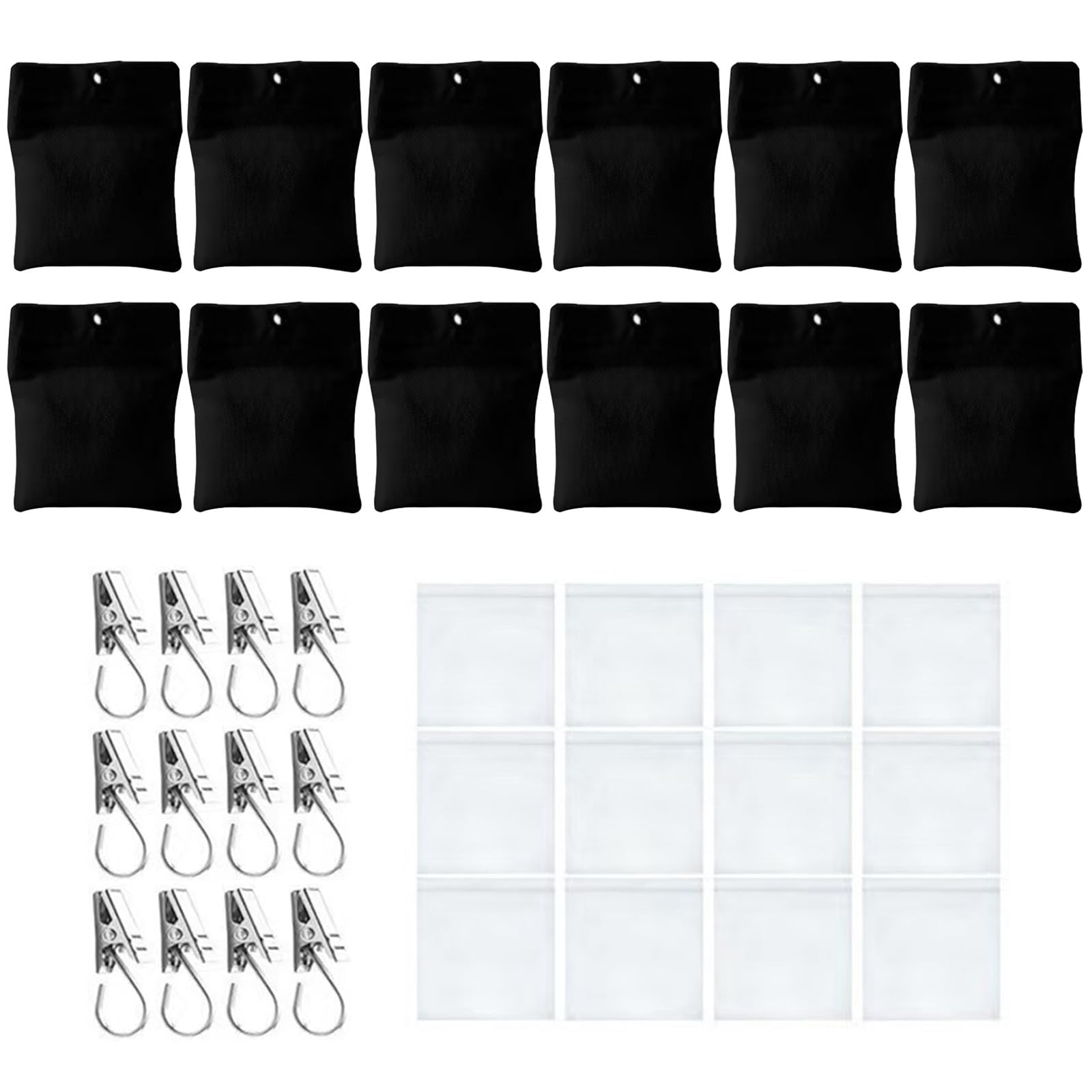 Fexxkg Black 12Pcs Heavy Duty Windproof Curtain Weights Canvas Bags Metal Clip Included For Outdoor Tablecloth Anchoring Curtain Sandbags With Metal Clip